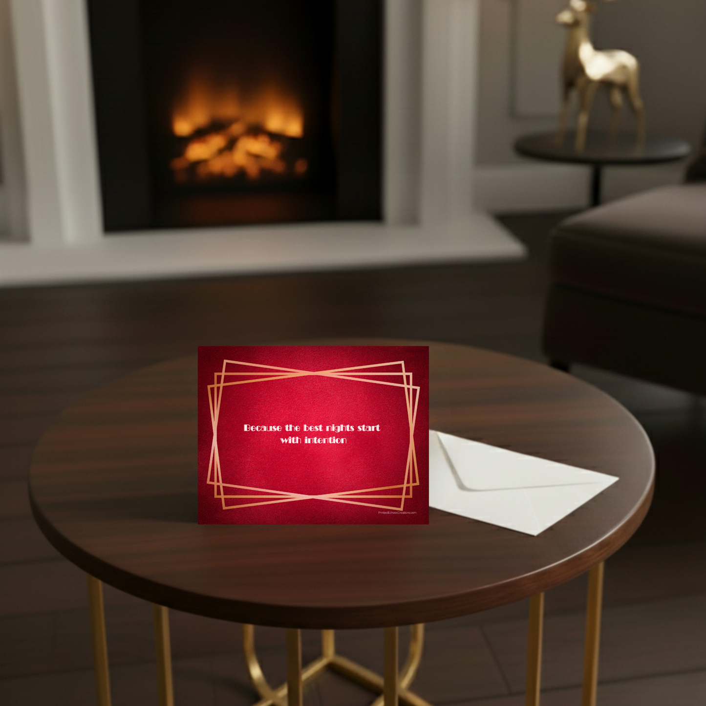 Back of Art Deco holiday invitation with geometric gold frame — quote “Because the best nights start with intention,” printed on red textured paper.