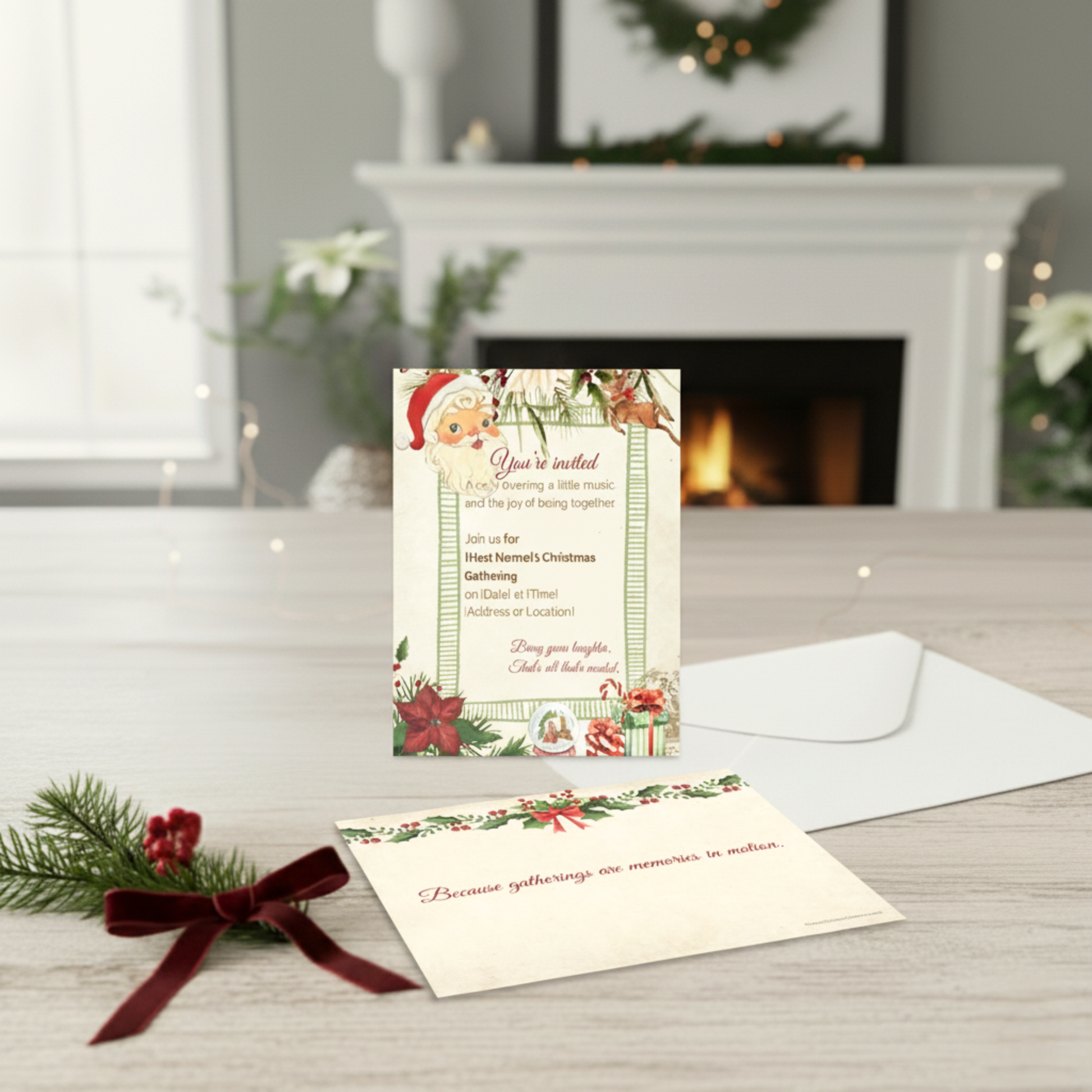 Front and back of personalized vintage Christmas invitation set — eco-friendly matte paper holiday stationery with Santa and holly design.