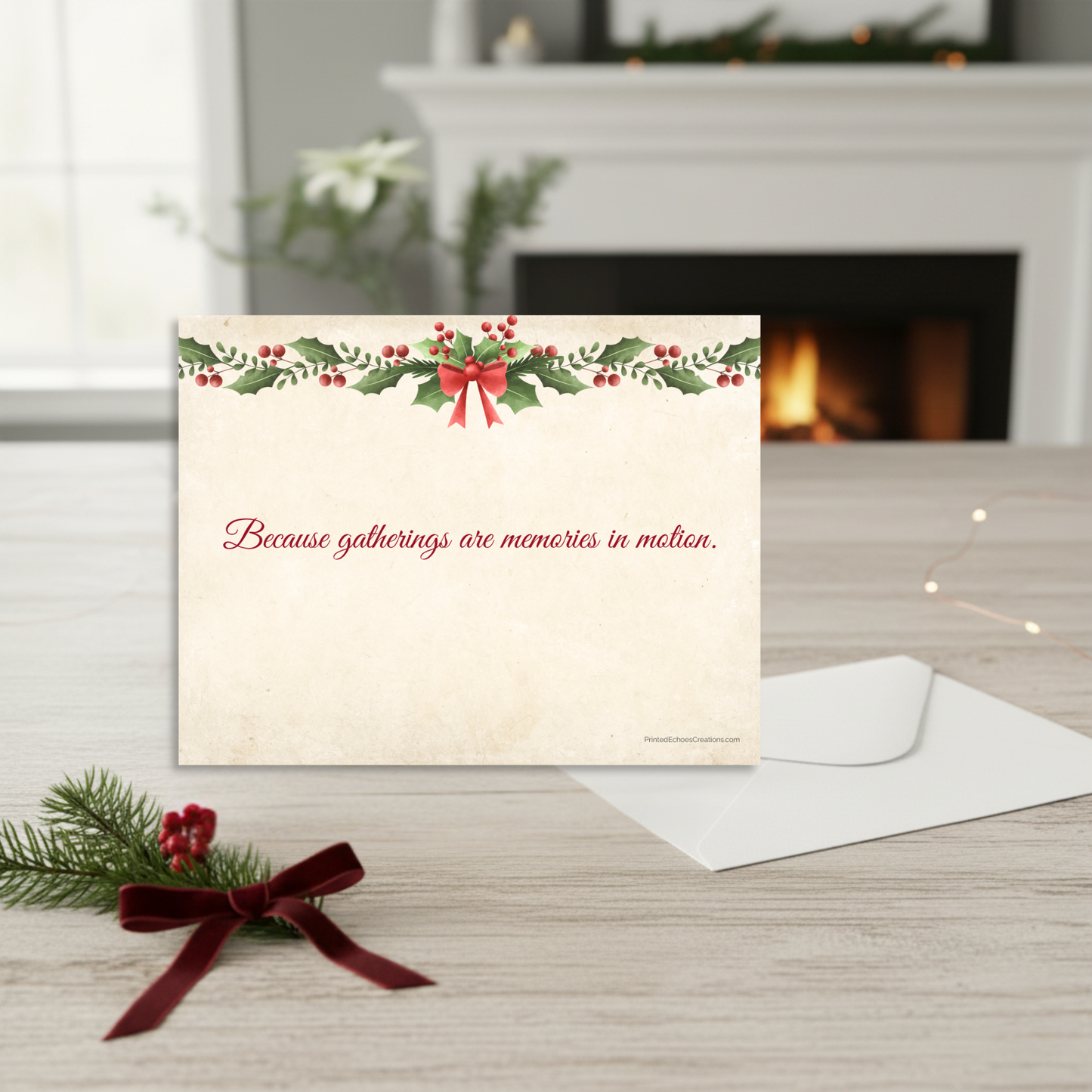Back of vintage Christmas invitation featuring holly border, red ribbon, and envelope — printed quote “Because gatherings are memories in motion.”