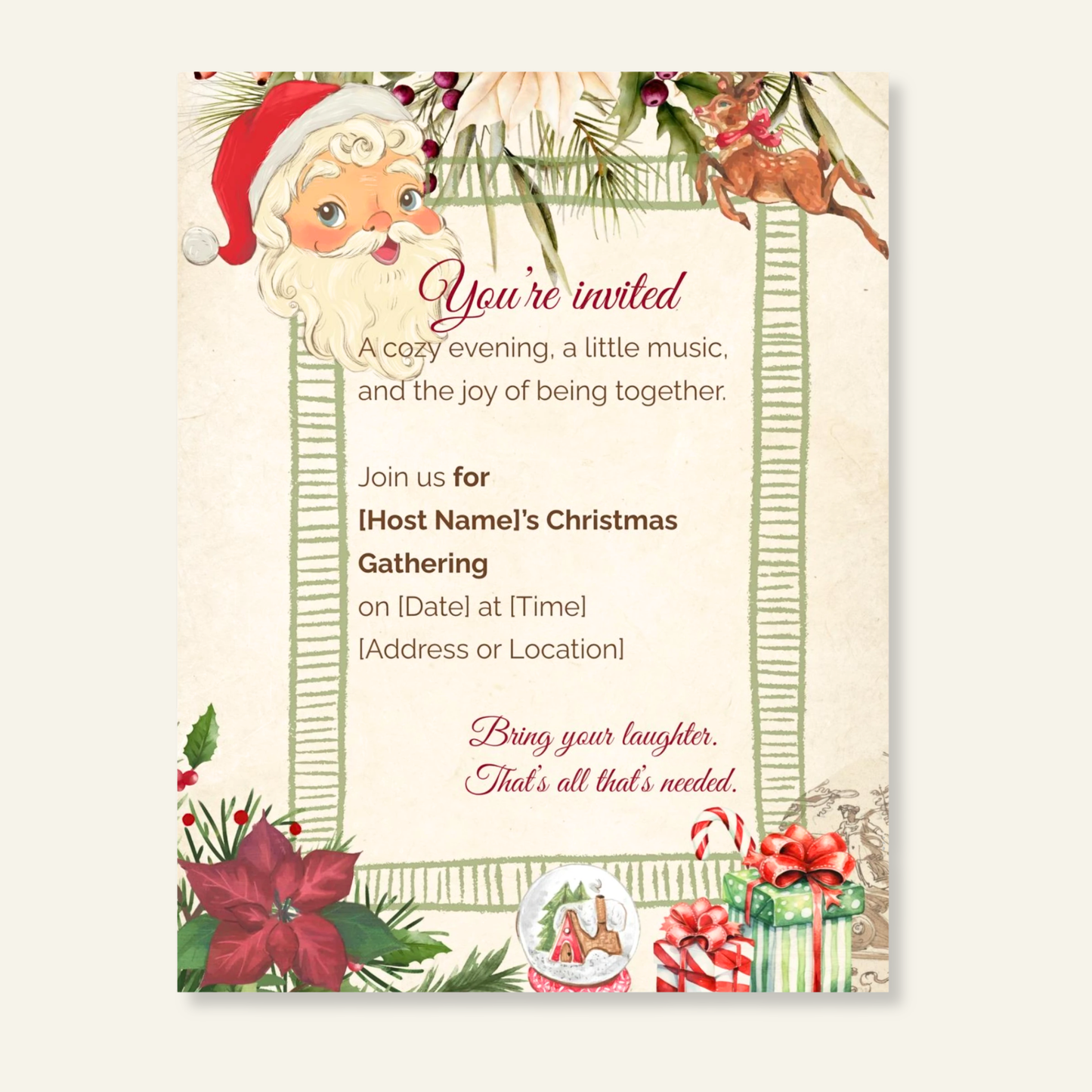 Personalized vintage Christmas invitation with Santa and holly design — elegant nostalgic holiday stationery for Christmas gatherings.
