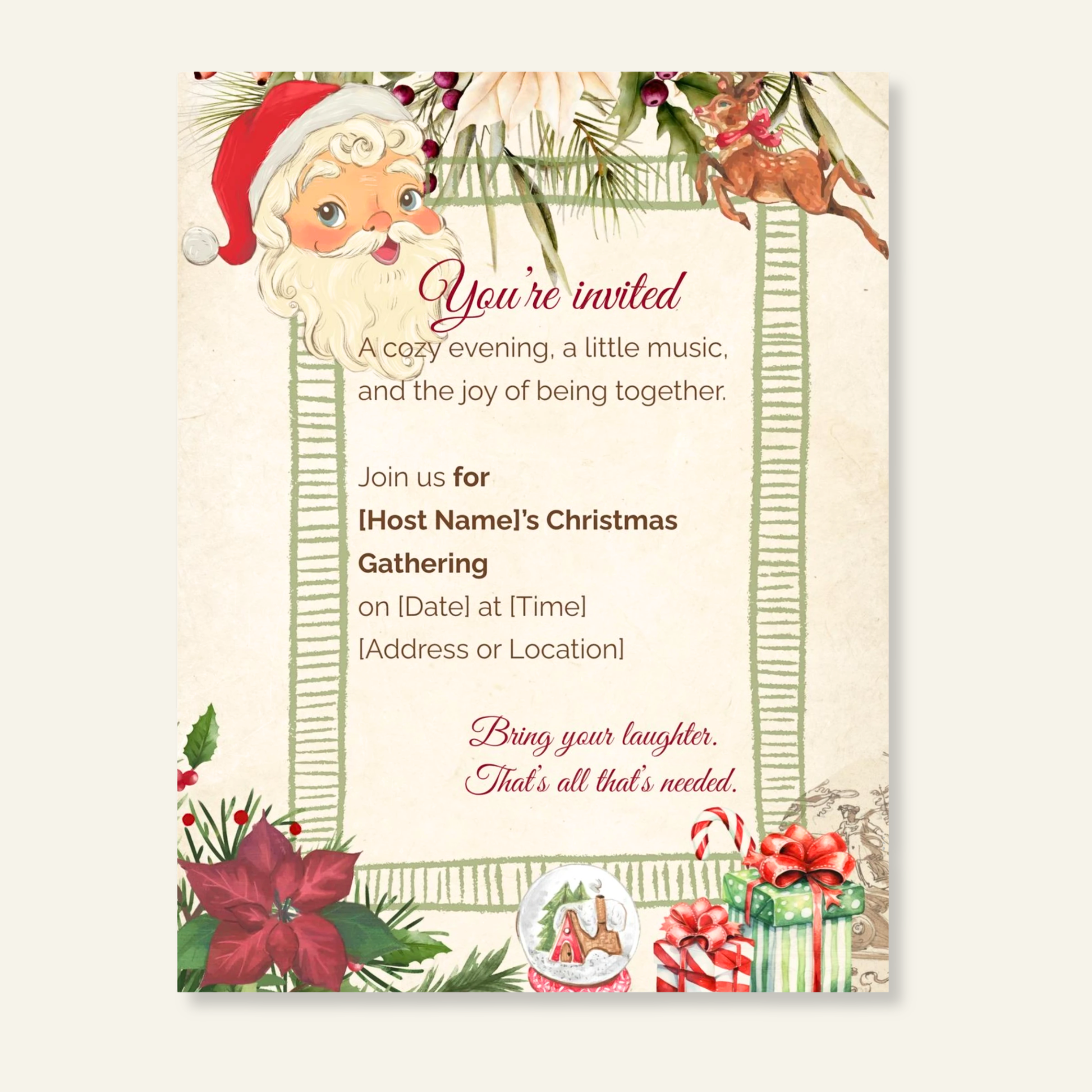 Personalized vintage Christmas invitation with Santa and holly design — elegant nostalgic holiday stationery for Christmas gatherings.
