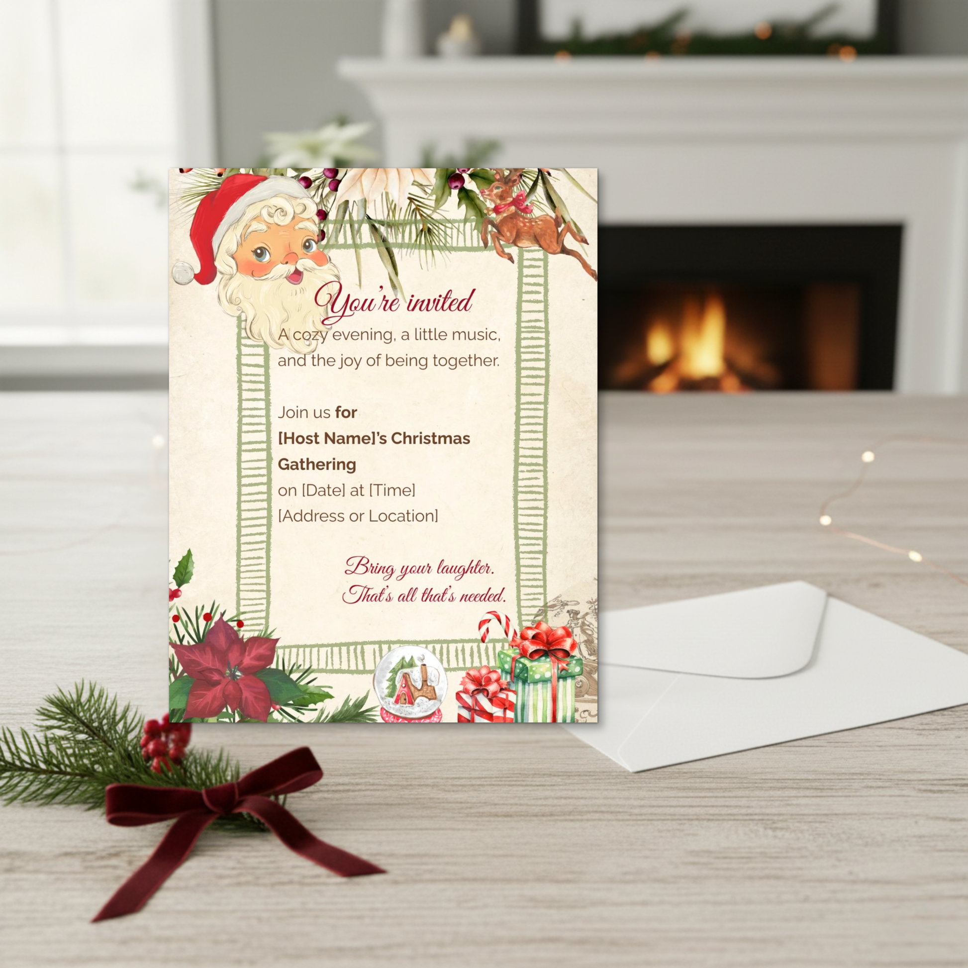 Custom Christmas invitation card displayed by fireplace — warm festive scene showcasing nostalgic holiday stationery by Printed Echoes Creations.