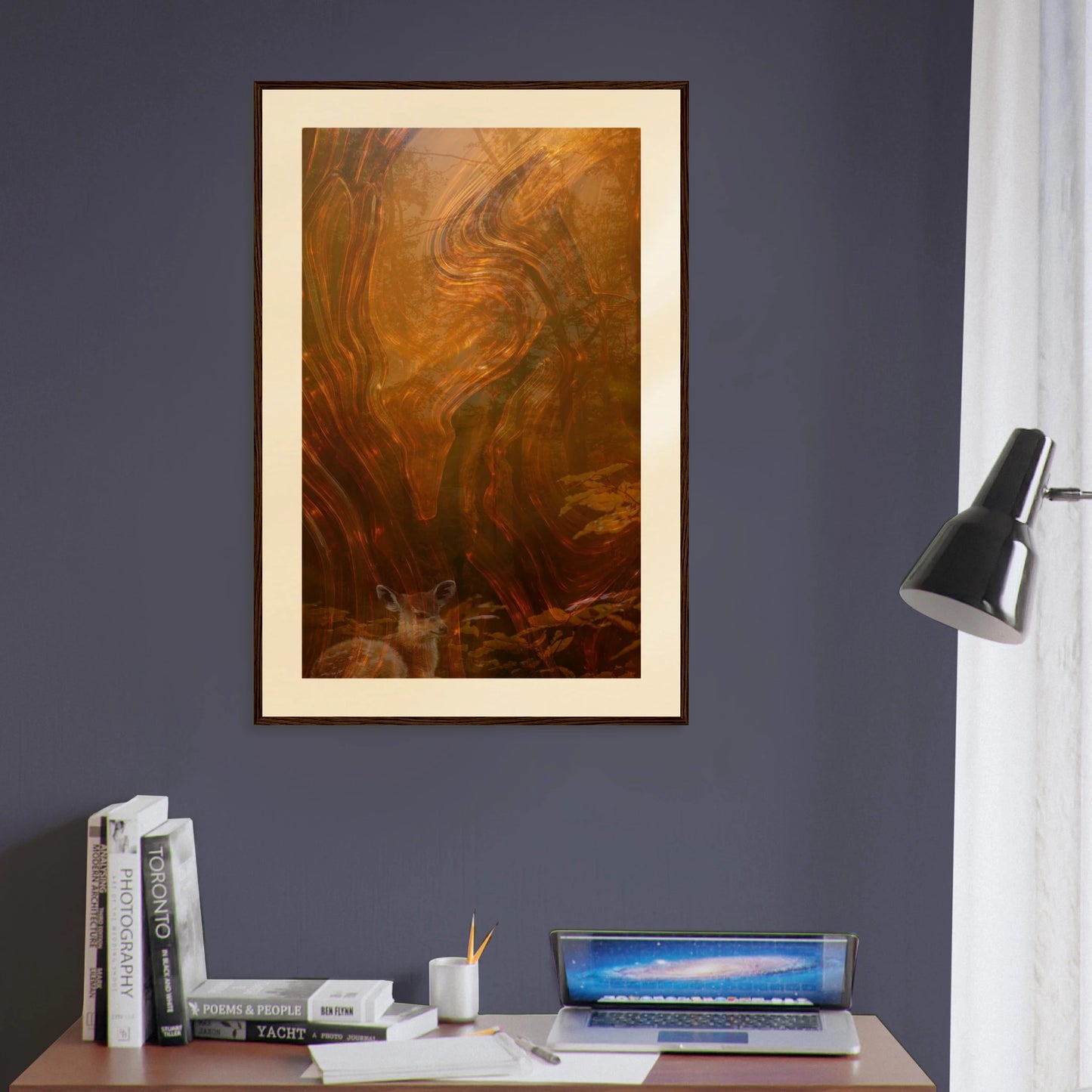 Printed Echoes Creations Whispers of Fall large 24x36 framed wall art styled in a contemporary home office. The bold abstract autumn palette creates a striking focal point above a minimalist desk with books, laptop, and modern task lighting. Perfect oversized art print for offices, living rooms, or statement wall decor.