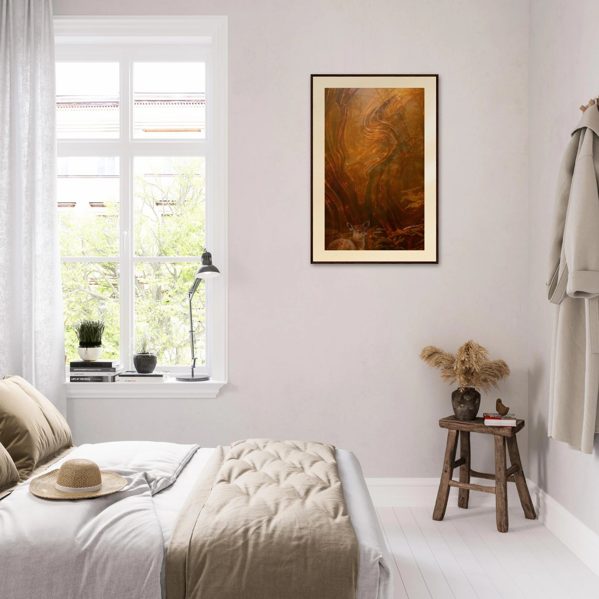 Printed Echoes Creations Whispers of Fall abstract framed wall art styled in a cozy minimalist bedroom. Warm earthy tones enhance the serene neutral palette with soft bedding, natural wood accents, and dried botanicals, creating a calming retreat. Perfect wall art for modern bedrooms and autumn-inspired home decor.