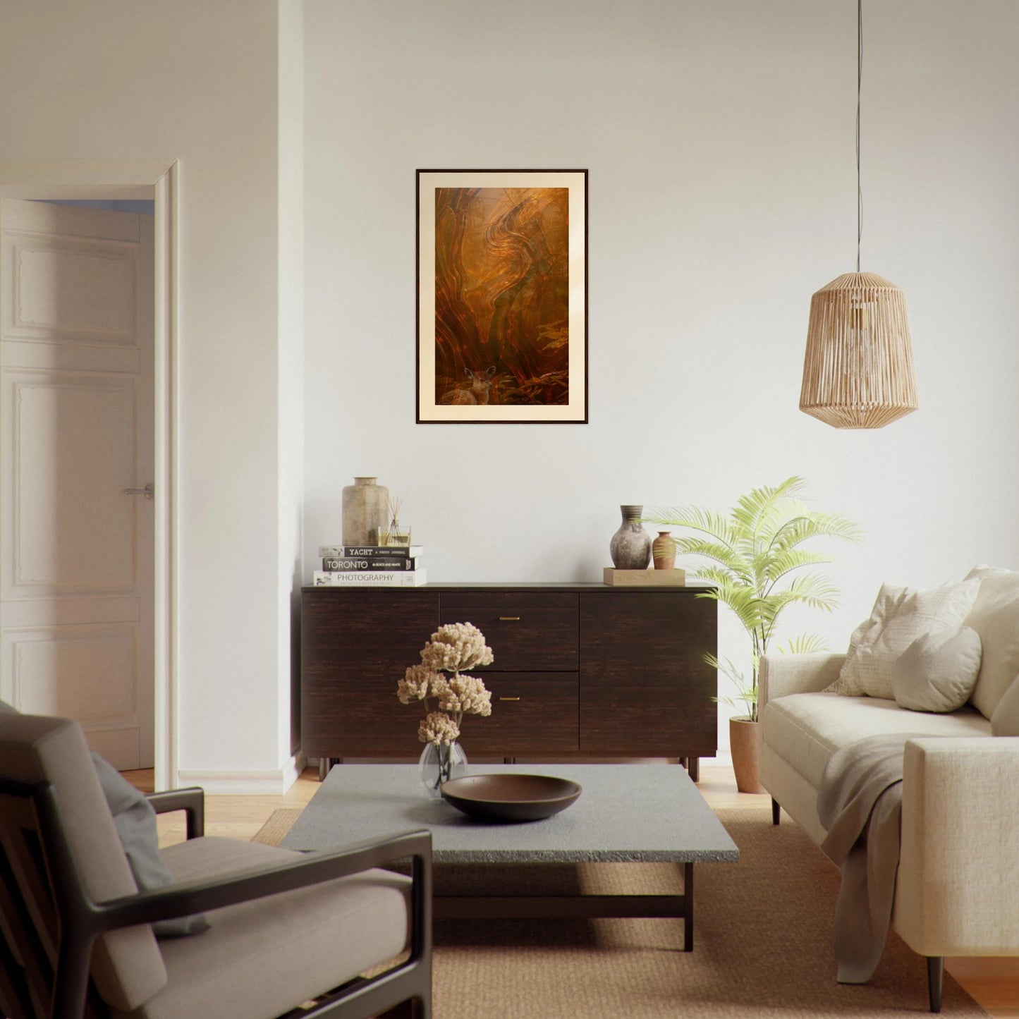 Minimalist modern living room featuring Printed Echoes Creations Whispers of Fall framed wall art. Warm earthy abstract tones add depth and seasonal elegance above a dark wood console, styled with neutral furniture, natural textures, and cozy autumn-inspired decor. Perfect for elevating home interiors with artful, design-forward wall prints.