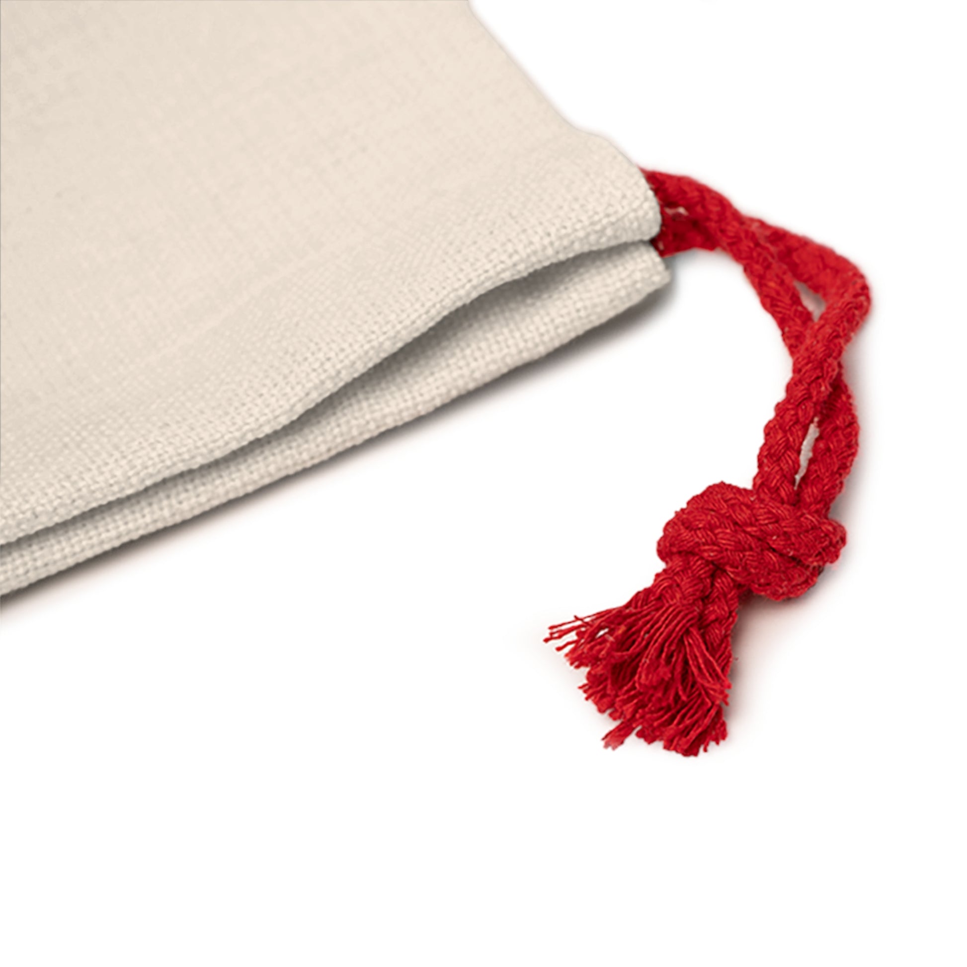 Close-up of red drawstring detail on Candy Swirl reusable Christmas gift bag, sturdy and reusable fabric for sustainable holiday gift wrapping.