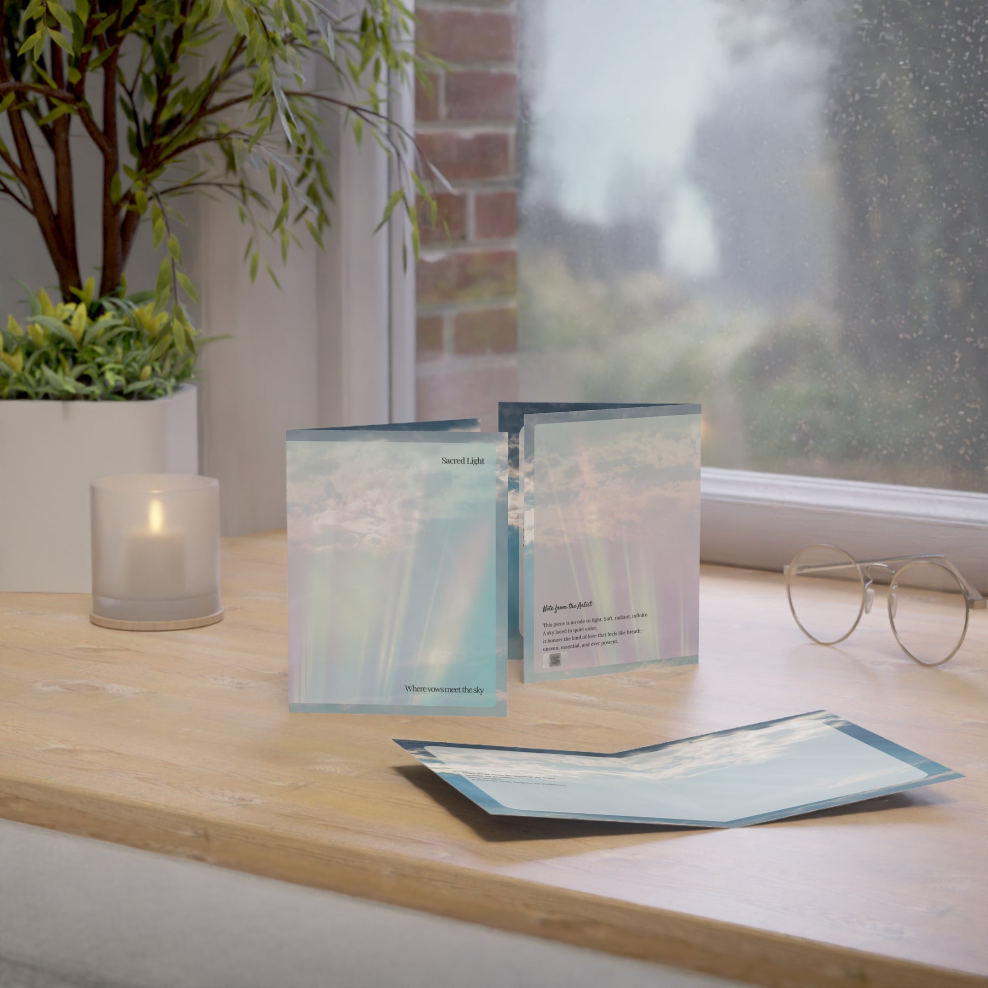 The Sacred Light wedding card displayed on a wooden windowsill with soft morning light, showcasing its pastel sky design and poetic text, paired with a white envelope and calm ambiance.