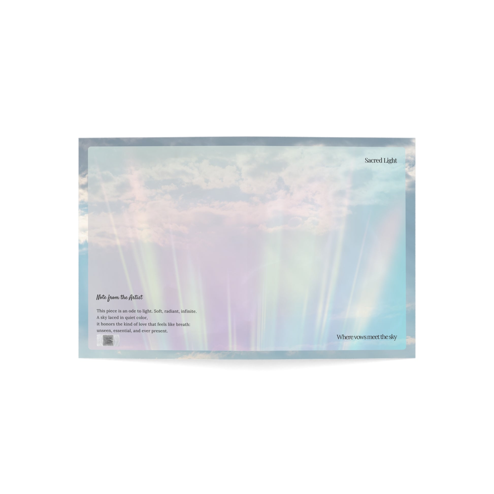 Open front and back cover of the Sacred Light wedding art card, featuring a soft sky design with pastel aurora hues and poetic text that reads “Where vows meet the sky.”