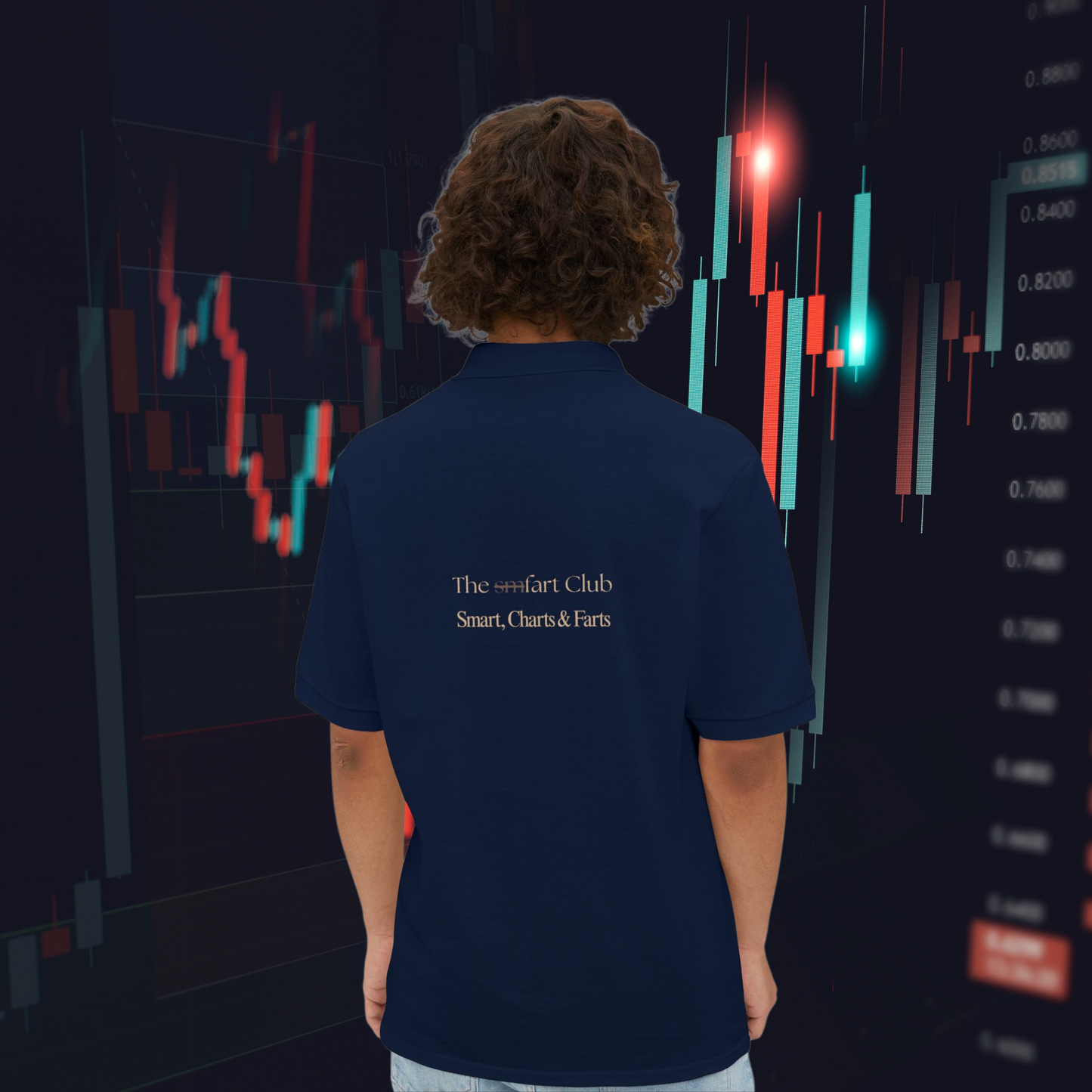 Back of the navy sm.fart Club polo with embroidered “Smart, Charts & Farts” motto, set against a glowing candlestick stock chart — a witty statement piece.