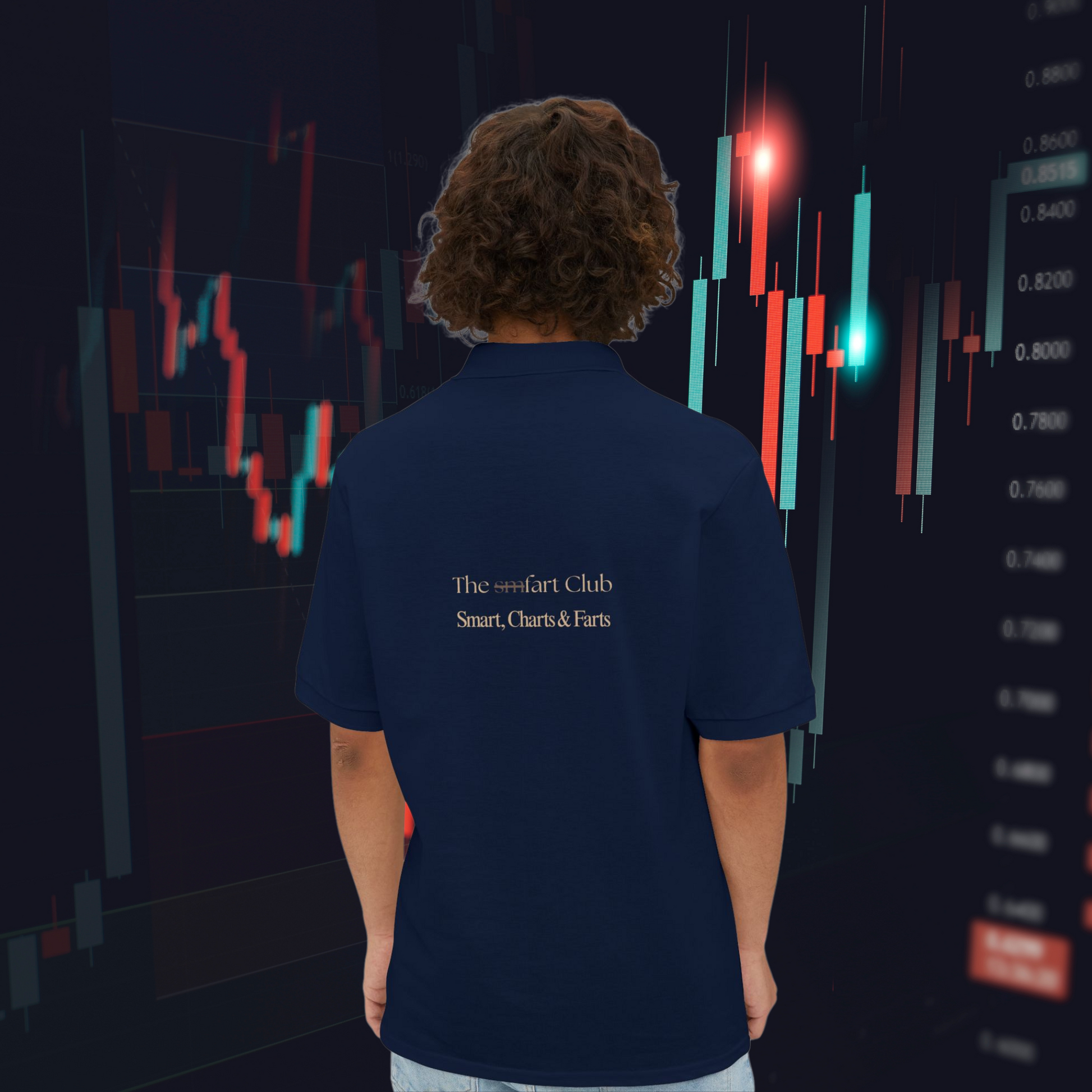 Back of the navy sm.fart Club polo with embroidered “Smart, Charts & Farts” motto, set against a glowing candlestick stock chart — a witty statement piece.