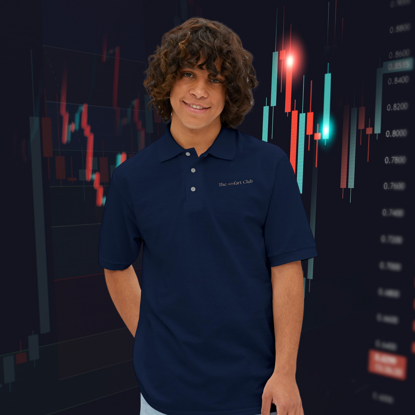 Navy sm.fart Club polo with embroidered front logo, worn in front of stock charts — a polished, satirical take on trader and prep fashion.
