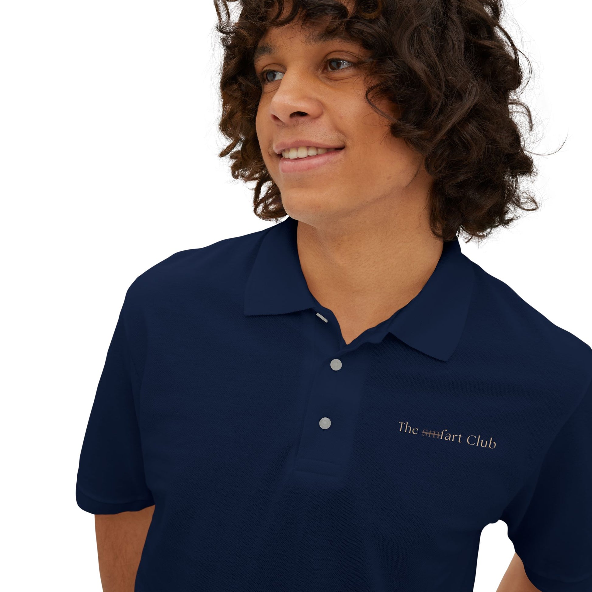 Detailed shot of embroidered sm.fart Club logo on navy polo shirt — classic style meets subtle satirical fashion.
