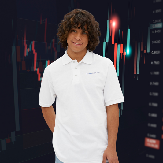 White sm.fart Club polo shirt with subtle front embroidery, worn by model standing in front of a stock market candlestick chart — clean and cheeky financial parody.