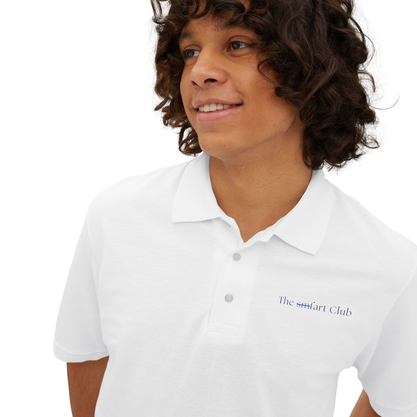 Close-up of The sm.fart Club logo embroidery on white cotton polo — minimalist and refined with an ironic twist.
