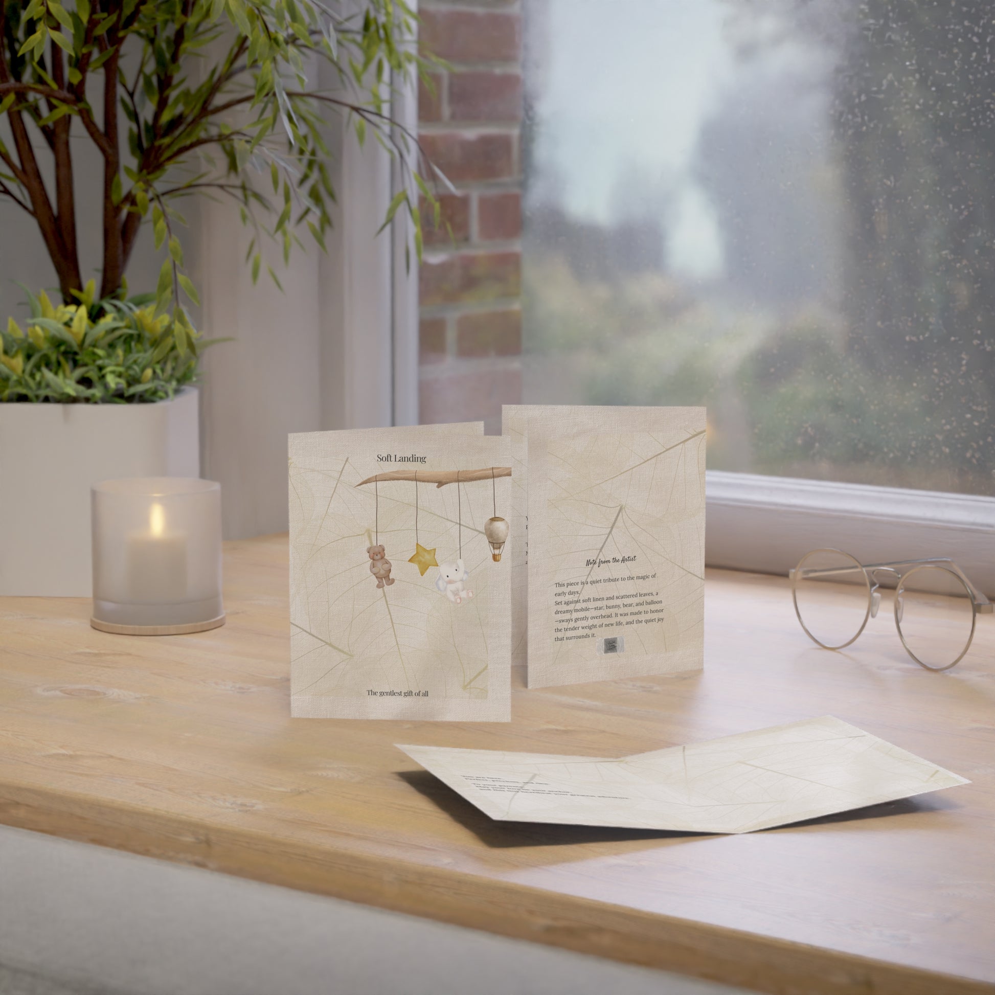 Soft Landing baby card displayed in three views—front cover, back with artist note, and matching envelope—styled by a window with soft daylight, neutral tones, and gentle textures. Perfect for baby arrival or new parent gifts.