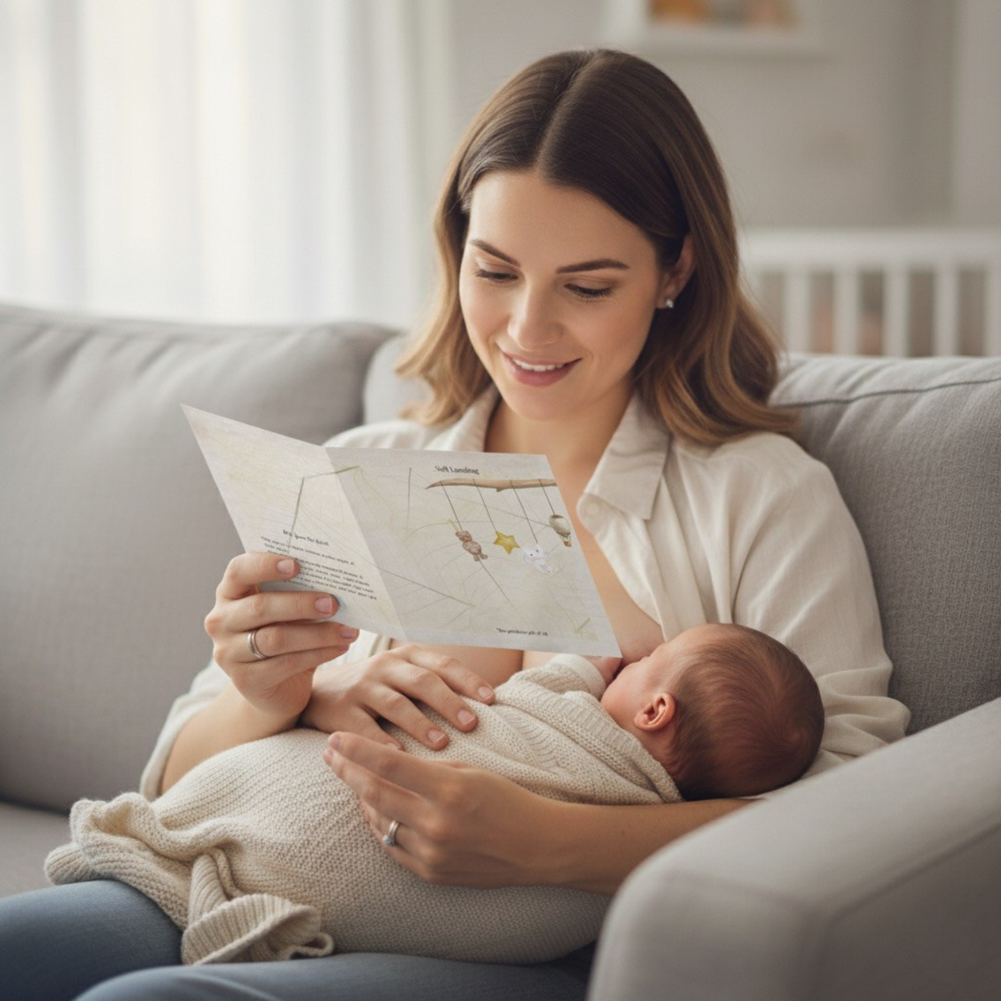 New mother reading Soft Landing baby card while holding newborn - heartfelt baby shower and birth announcement card