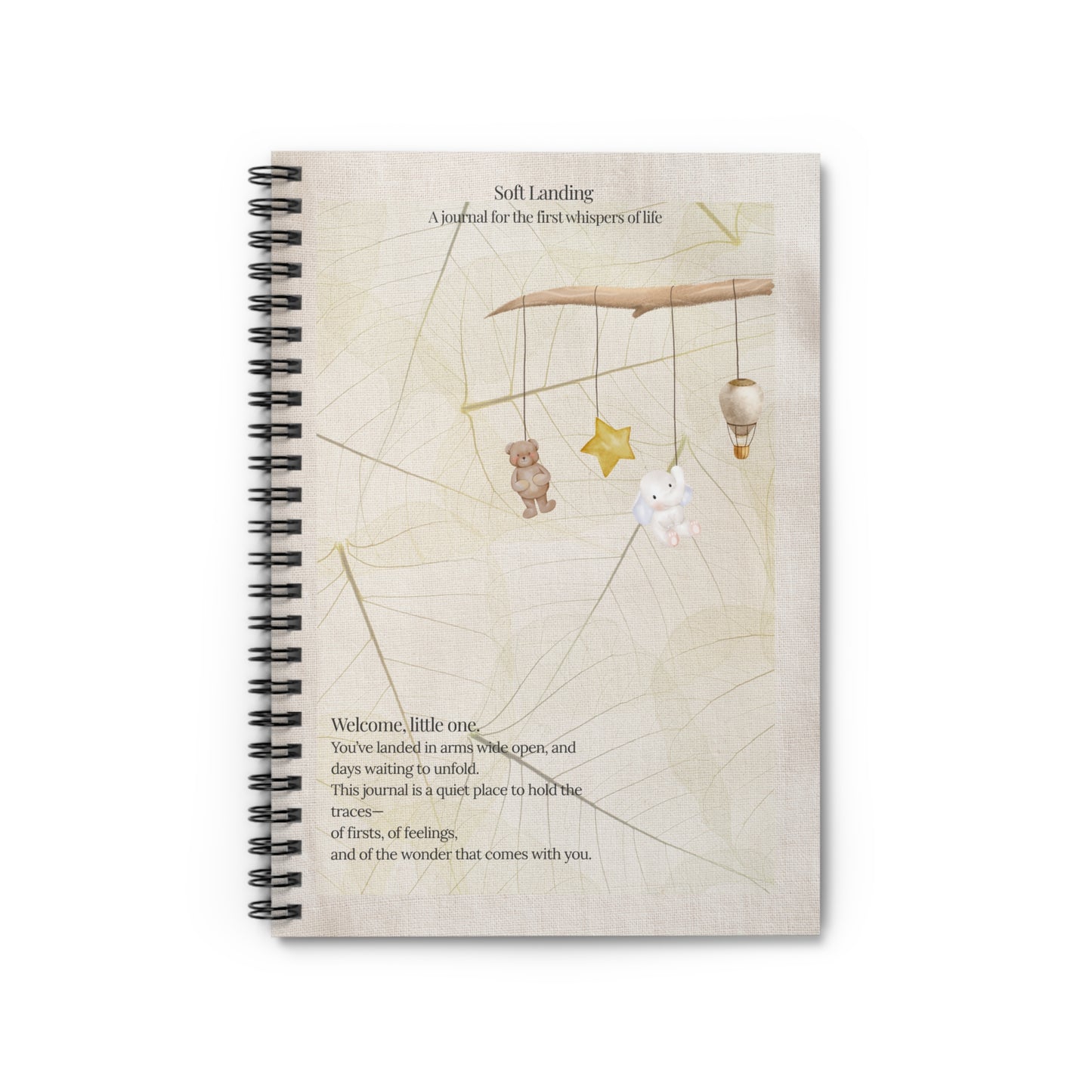 Soft Landing milestone baby journal with mobile design and poetic welcome text — a gentle space for first-time parents to capture newborn memories.