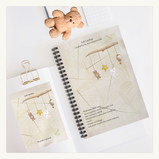Elegant flat lay of Soft Landing baby journal and card gift set — a thoughtful bundle for newborn celebrations, baby showers, or first-time parents.