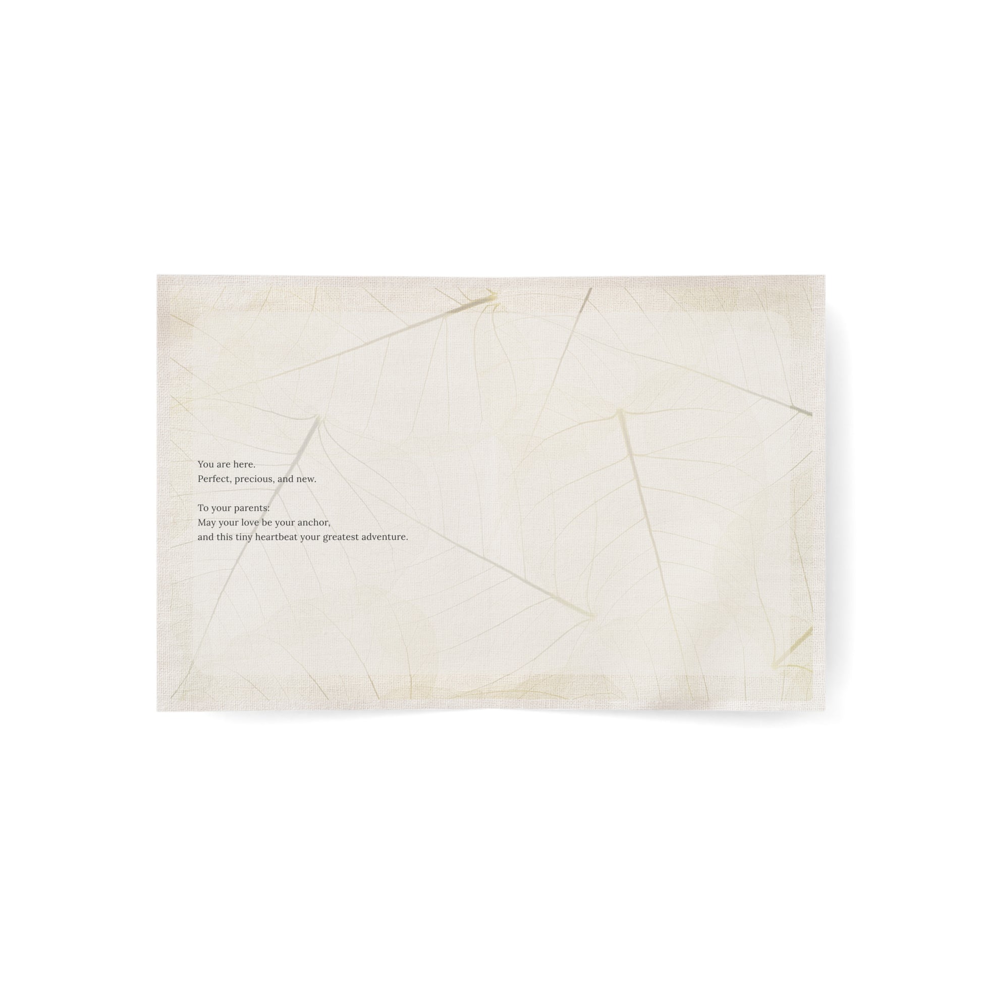Inside of Soft Landing newborn card showing a poetic message for baby and parents on a soft leaf-textured background — a heartfelt gift for new beginnings.
