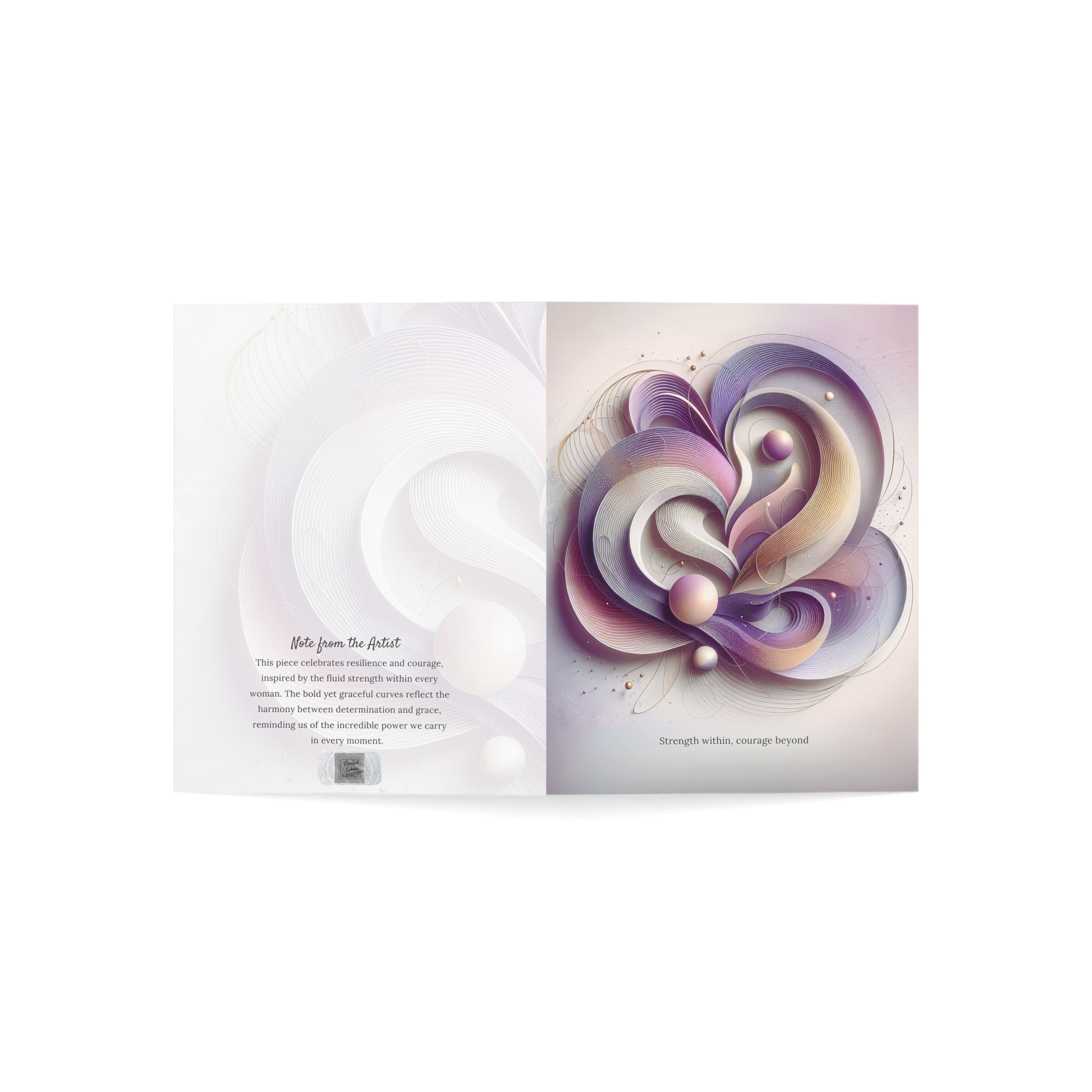 Open view of the Strength Within card showing both the abstract front design and the poetic artist note on the back, honoring feminine courage and resilience.