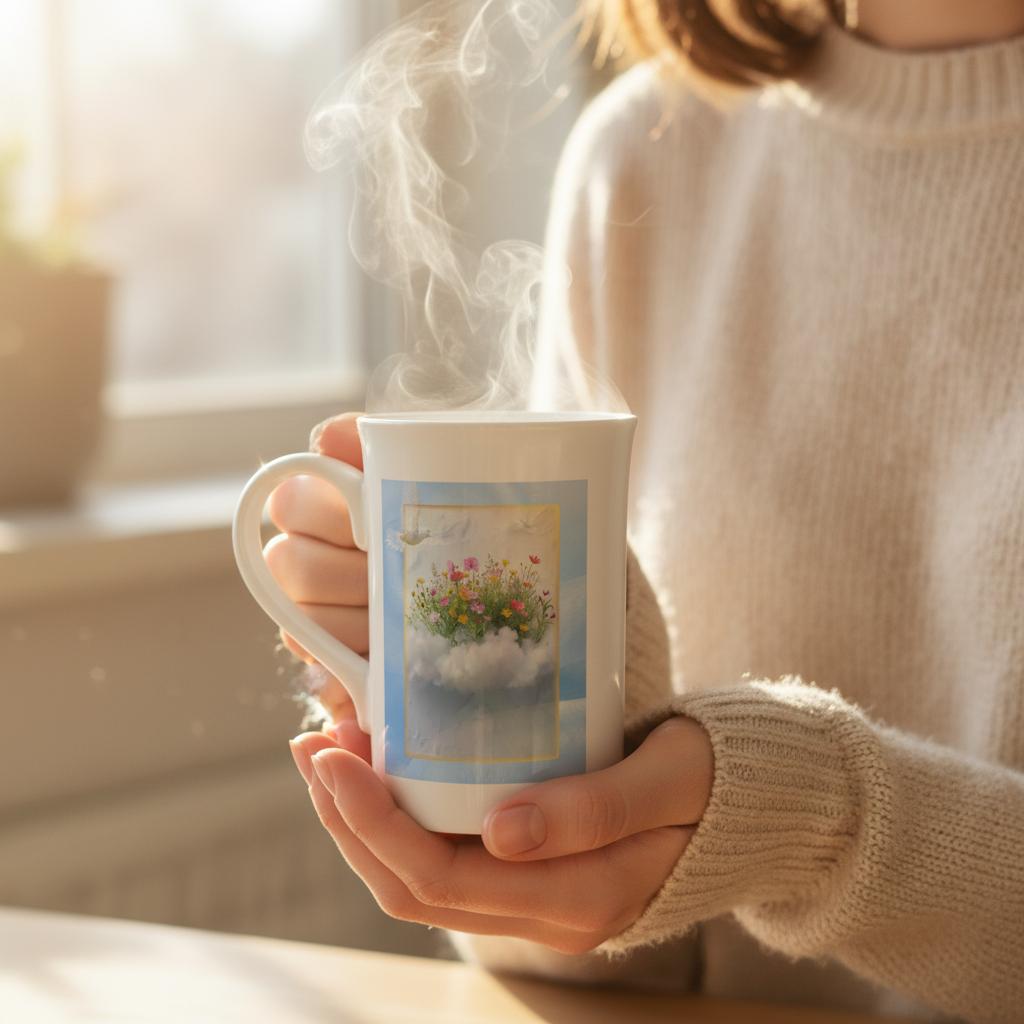 Hands holding The Blue Hour Mug with visible steam, cozy sweater, and warm morning light — symbol of mindful rituals and gentle beginnings.