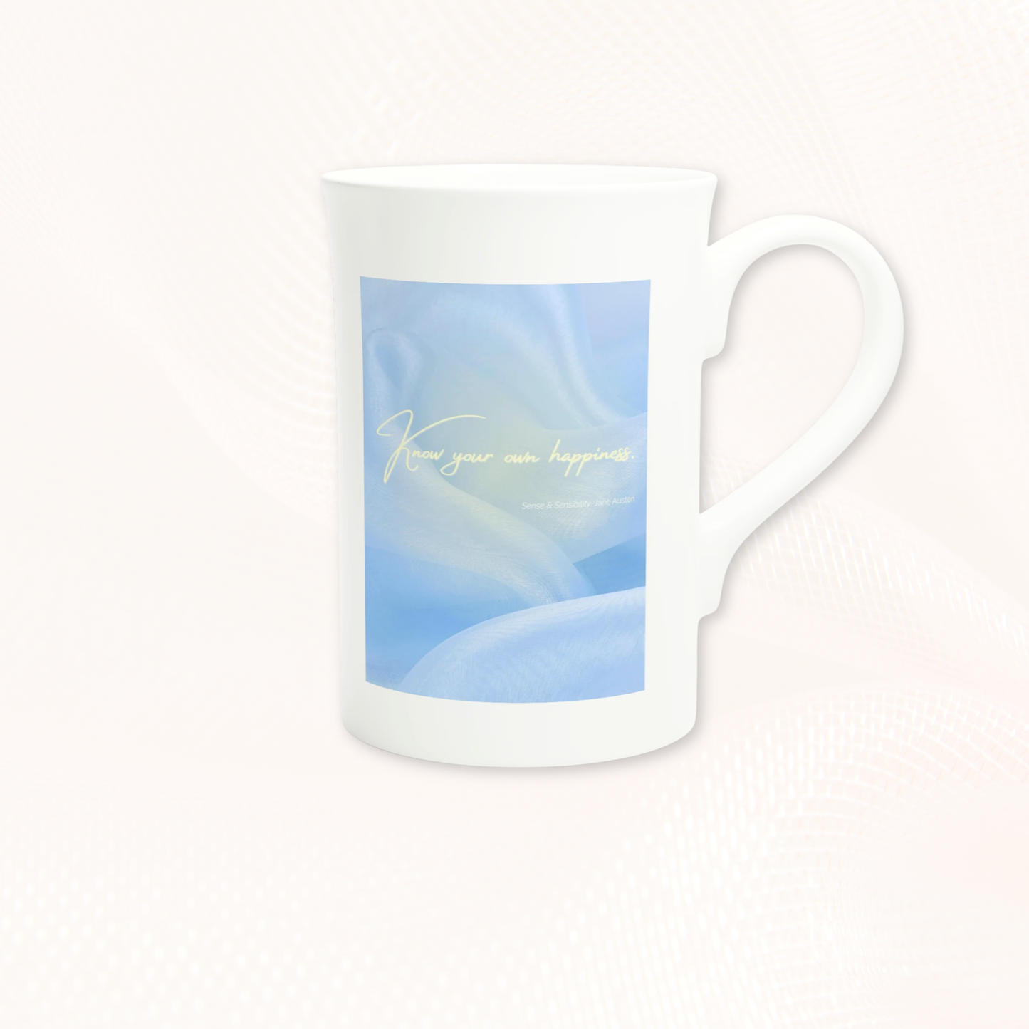 Back view of The Blue Hour Mug featuring the quote “Know your own happiness” on a soft blue veil background — poetic fine-art porcelain design.