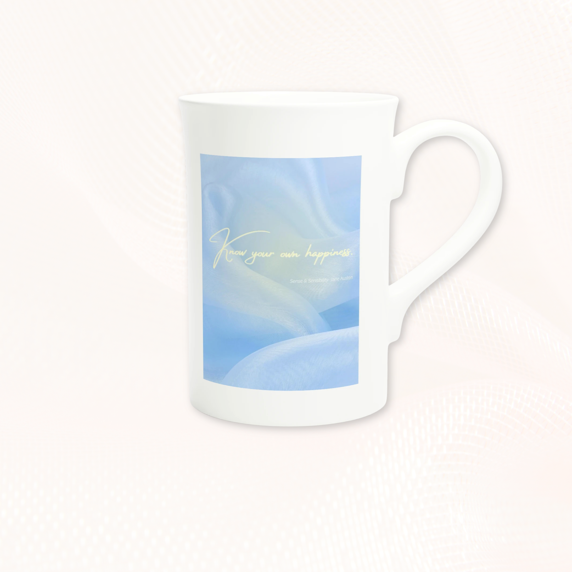 Back view of The Blue Hour Mug featuring the quote “Know your own happiness” on a soft blue veil background — poetic fine-art porcelain design.