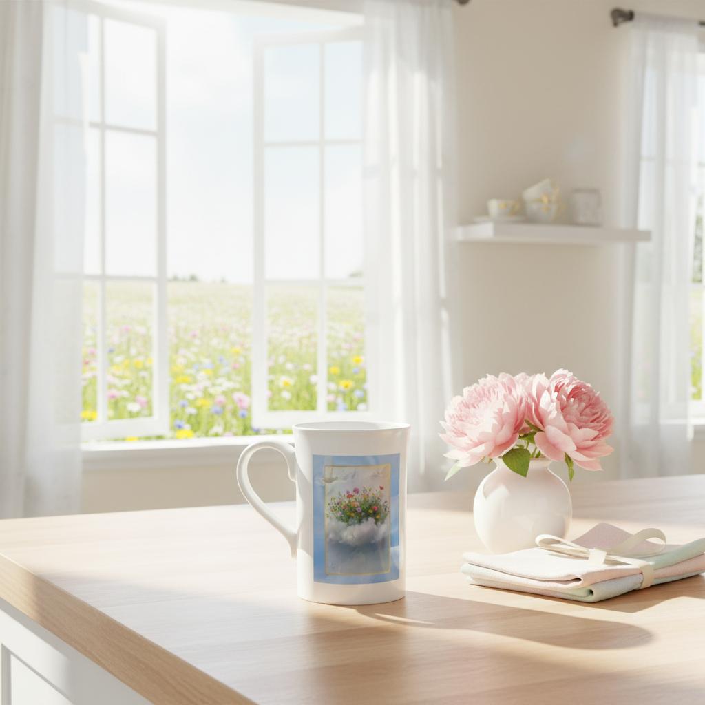 The Blue Hour Mug placed on a sunlit table beside pink flowers and a notebook, capturing the calm poetry of slow spring mornings.