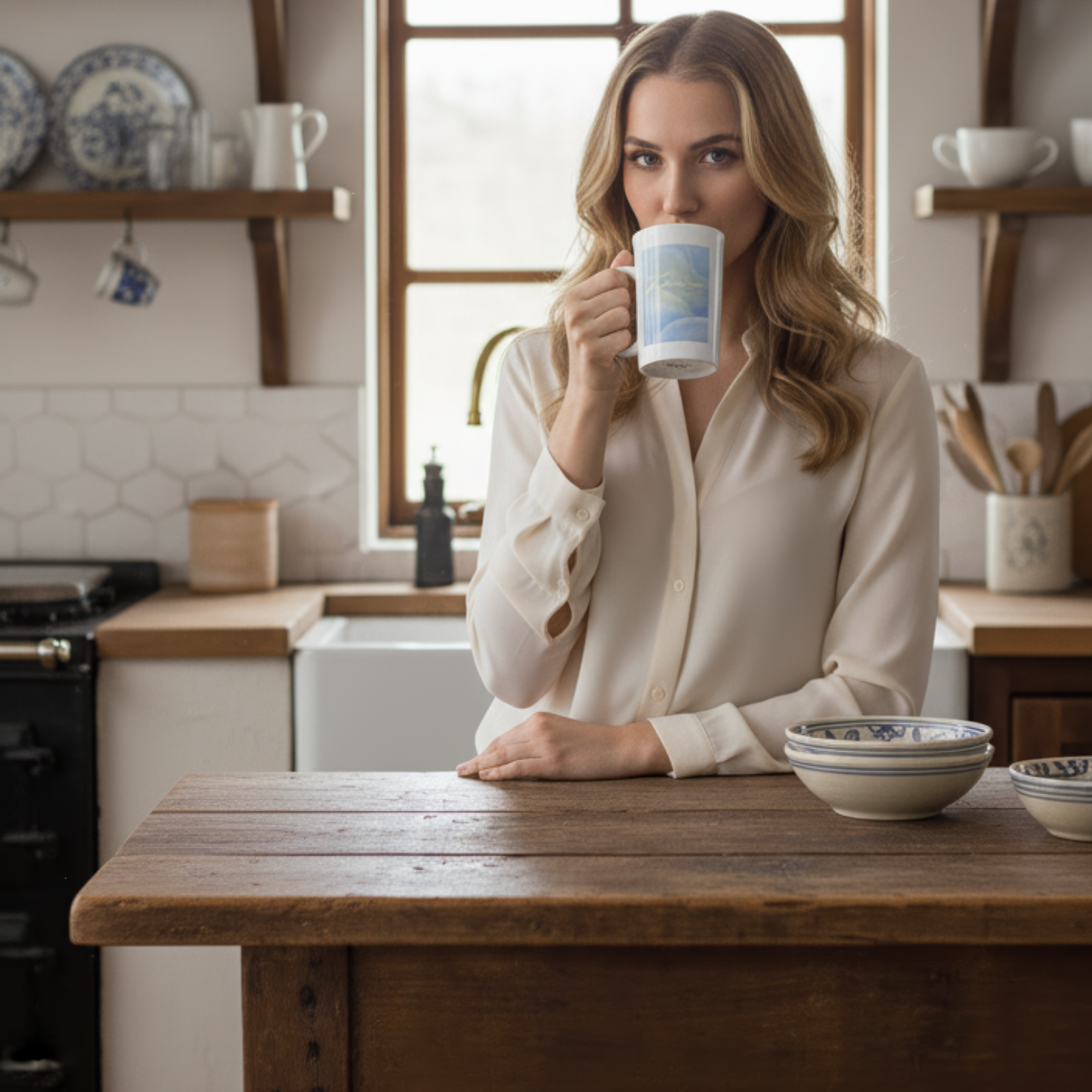 A lifestyle scene in a rustic English cottage kitchen with a woman enjoying a tea moment from a Jane Austen literary mug, emphasizing a slow morning ritual.