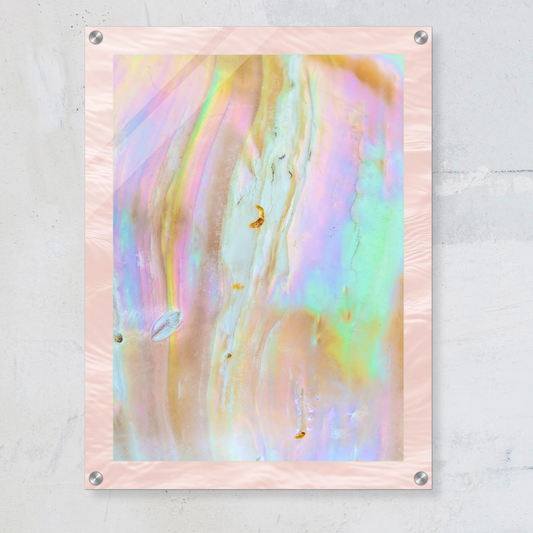The Veil – iridescent acrylic wall art inspired by mother of pearl, featuring pastel pink, green, and gold tones. Modern minimalist artwork from the Fondation Series, perfect for contemporary interiors.
