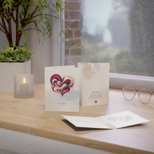 Timeless Flow of Love card on a wooden desk by a window, styled with candle and glasses for a warm gifting scene.
