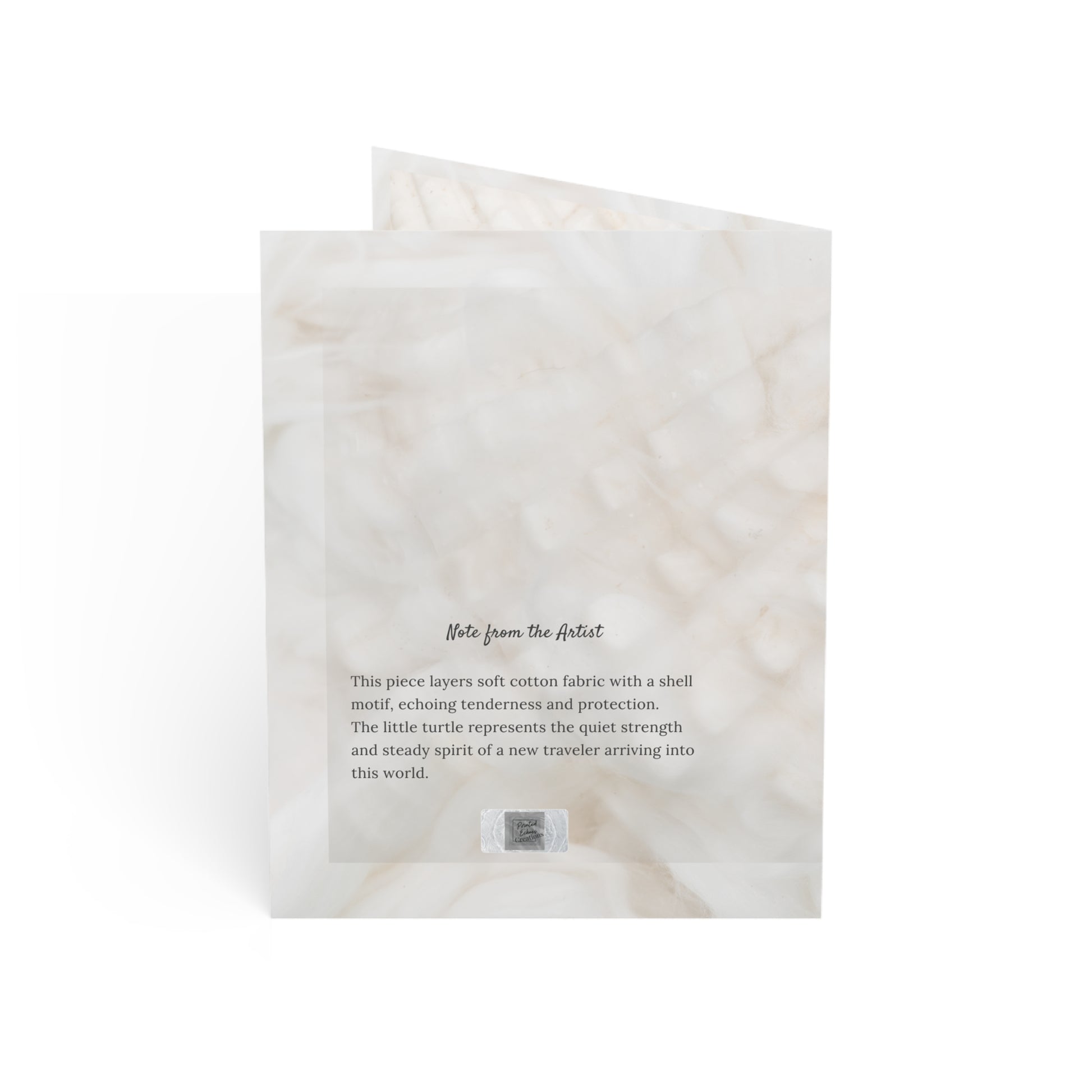 Back of the Tiniest Traveler birth card featuring a soft cotton shell background, artist note, and subtle branding. A poetic, minimalist baby keepsake.