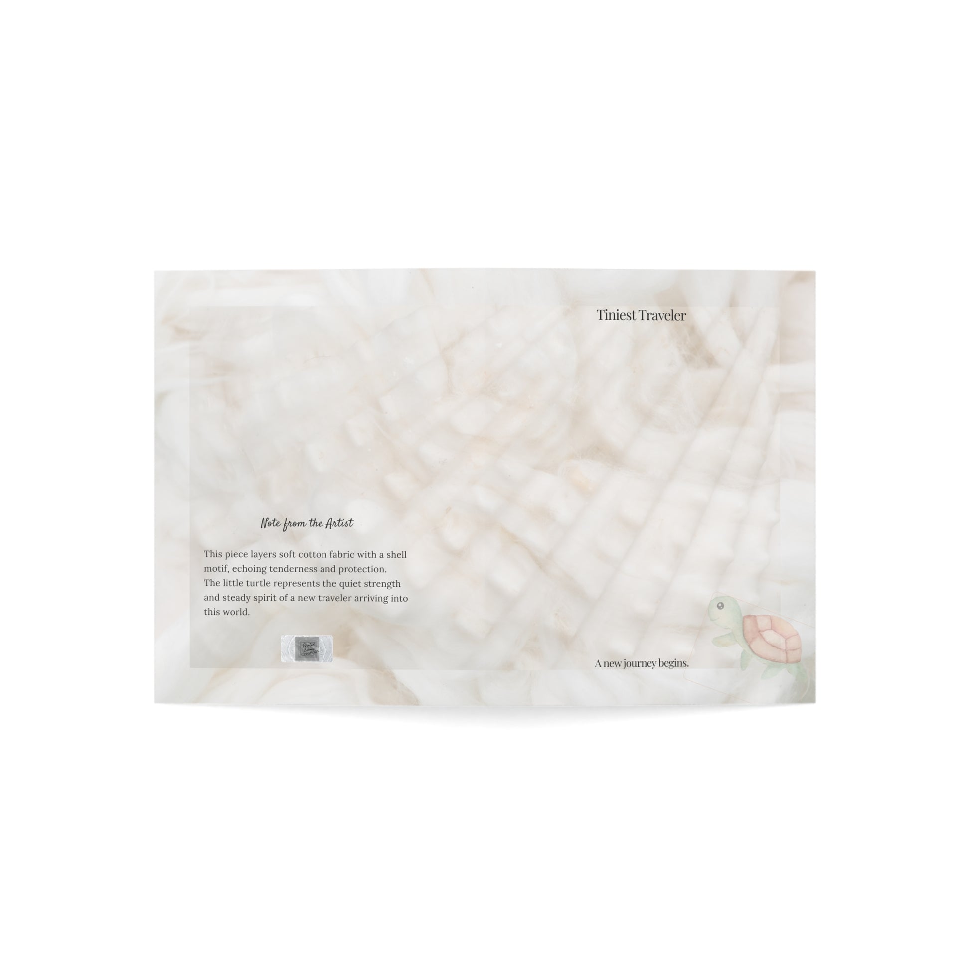 Flat lay of the Tiniest Traveler baby card showing both front and back design. Features a soft cotton texture, turtle motif, artist note, and minimal branding.