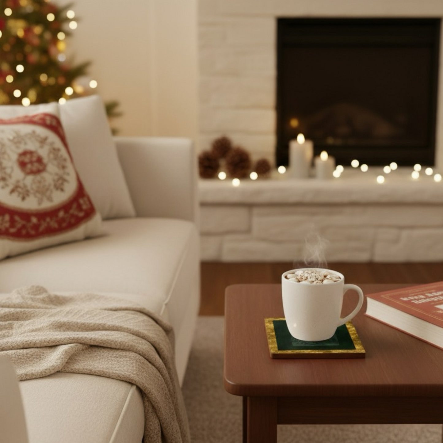 Velvet Solstice coaster with mug of hot cocoa and marshmallows by the fireplace, snowy fir design with green velvet and gold border, cozy Christmas décor by Printed Echoes Creations