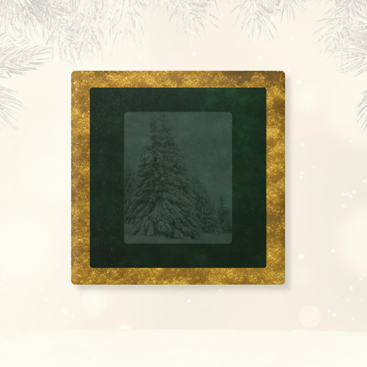 Velvet Solstice holiday coaster featuring snowy fir design with green velvet background and gold border, modern barware by Printed Echoes Creations.