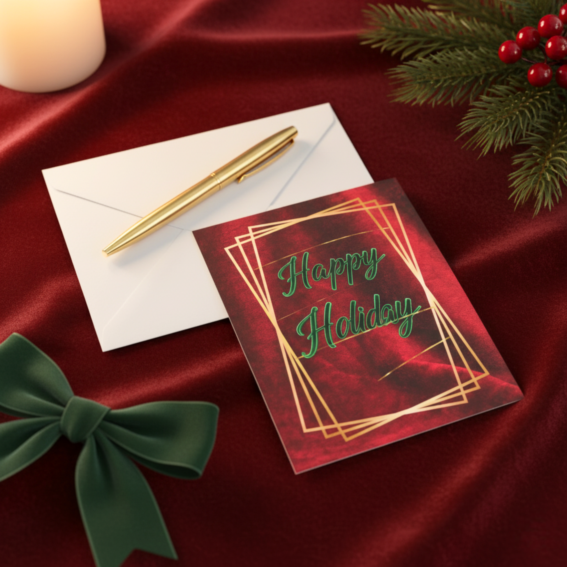 Flat lay of Velvet Solstice: Déco Éclat holiday card with envelope, gold pen, velvet ribbon, and pine sprig on red velvet fabric, elegant Art Deco Christmas card.