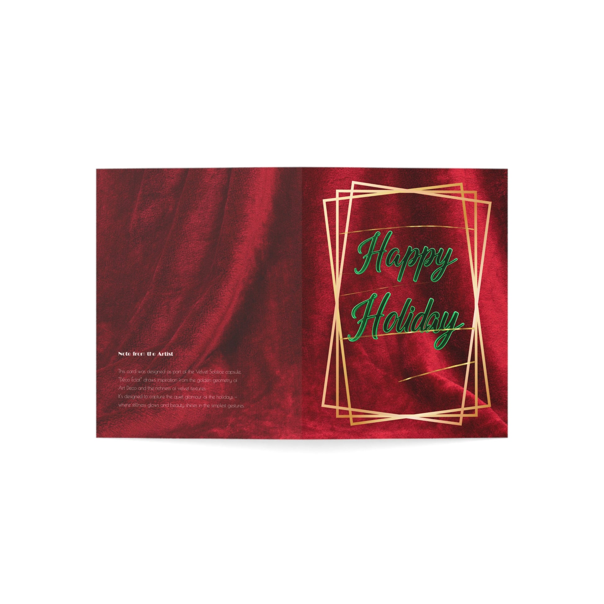 Velvet Solstice: Déco Éclat holiday card fully opened to show front cover design and back with printed artist note on red velvet background, luxury Art Deco Christmas card.