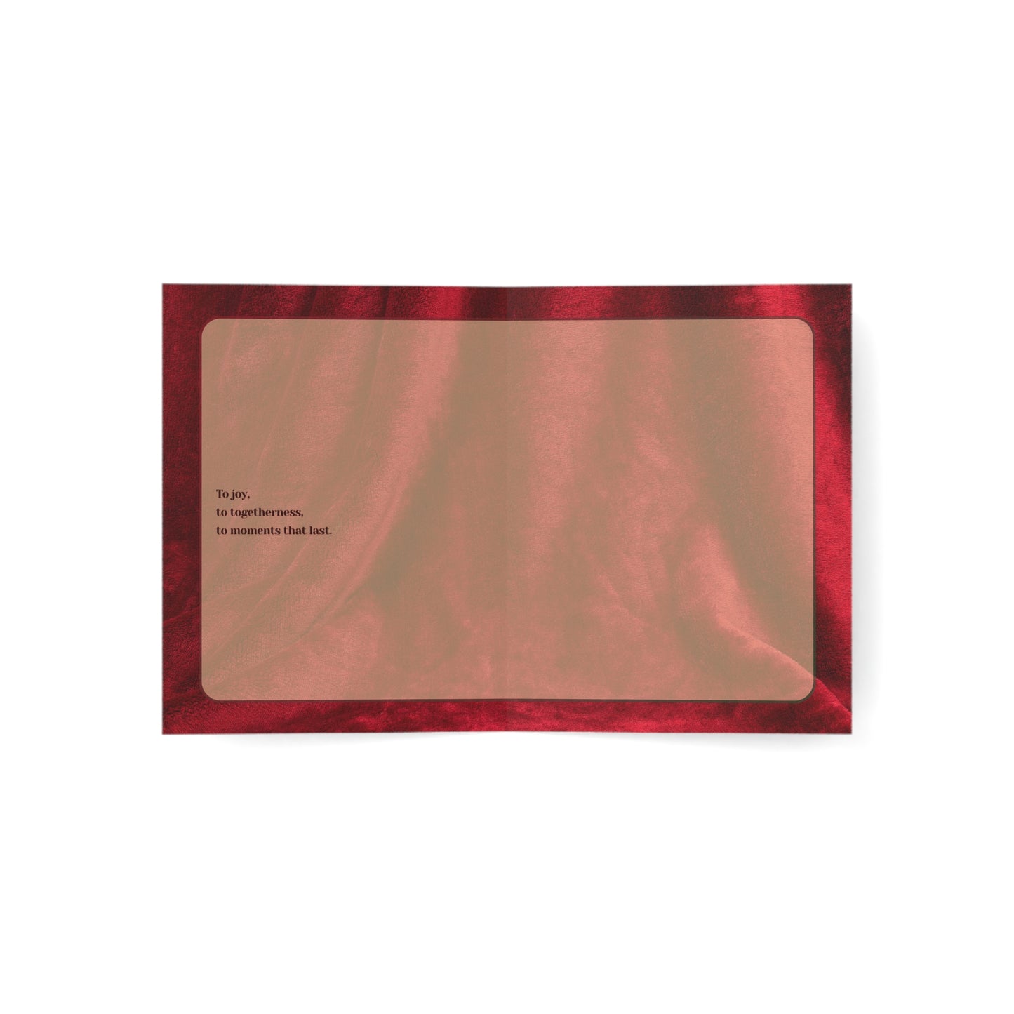 Inside of Velvet Solstice: Déco Éclat holiday card with printed message ‘To joy, to togetherness, to moments that last’ on a white background.