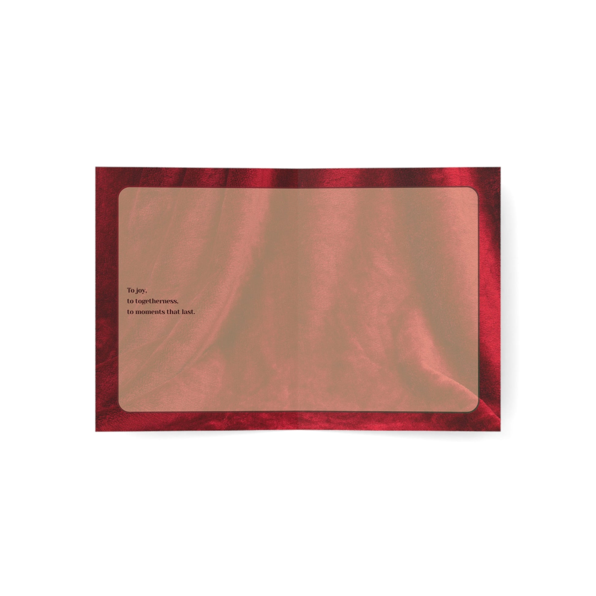 Inside of Velvet Solstice: Déco Éclat holiday card with printed message ‘To joy, to togetherness, to moments that last’ on a white background.