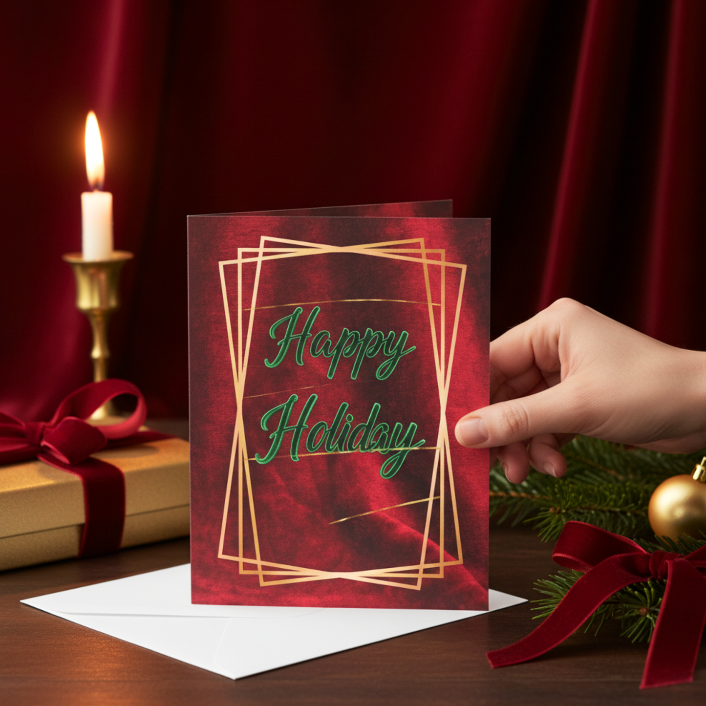 Velvet Solstice: Déco Éclat holiday card displayed with envelope, candle, pine sprigs, and golden gift box in a warm festive setting, luxury holiday stationery.