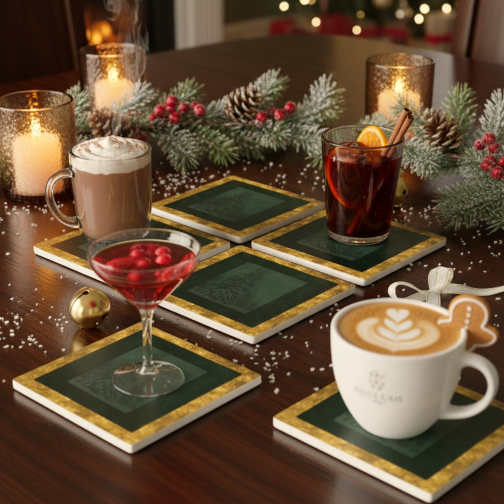 Velvet Solstice holiday coasters in deep green with gold trim, styled on a wooden table with festive drinks, candles, and evergreens — elegant Christmas table decor from Printed Echoes Creations.