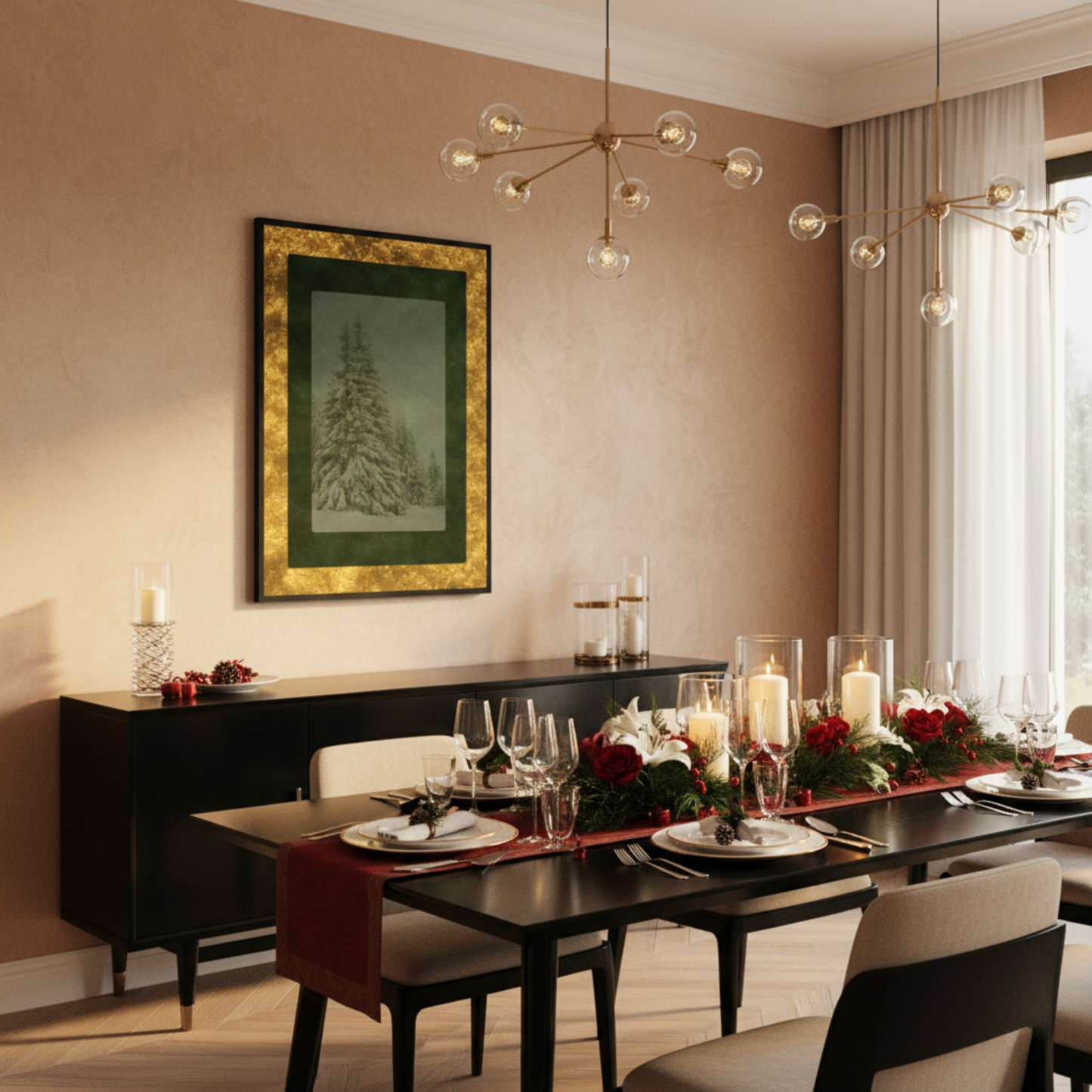 Velvet Solstice Wall Art framed in gold and green, styled above a holiday dining table with candles and red floral centerpiece — elegant winter home décor from Printed Echoes Creations