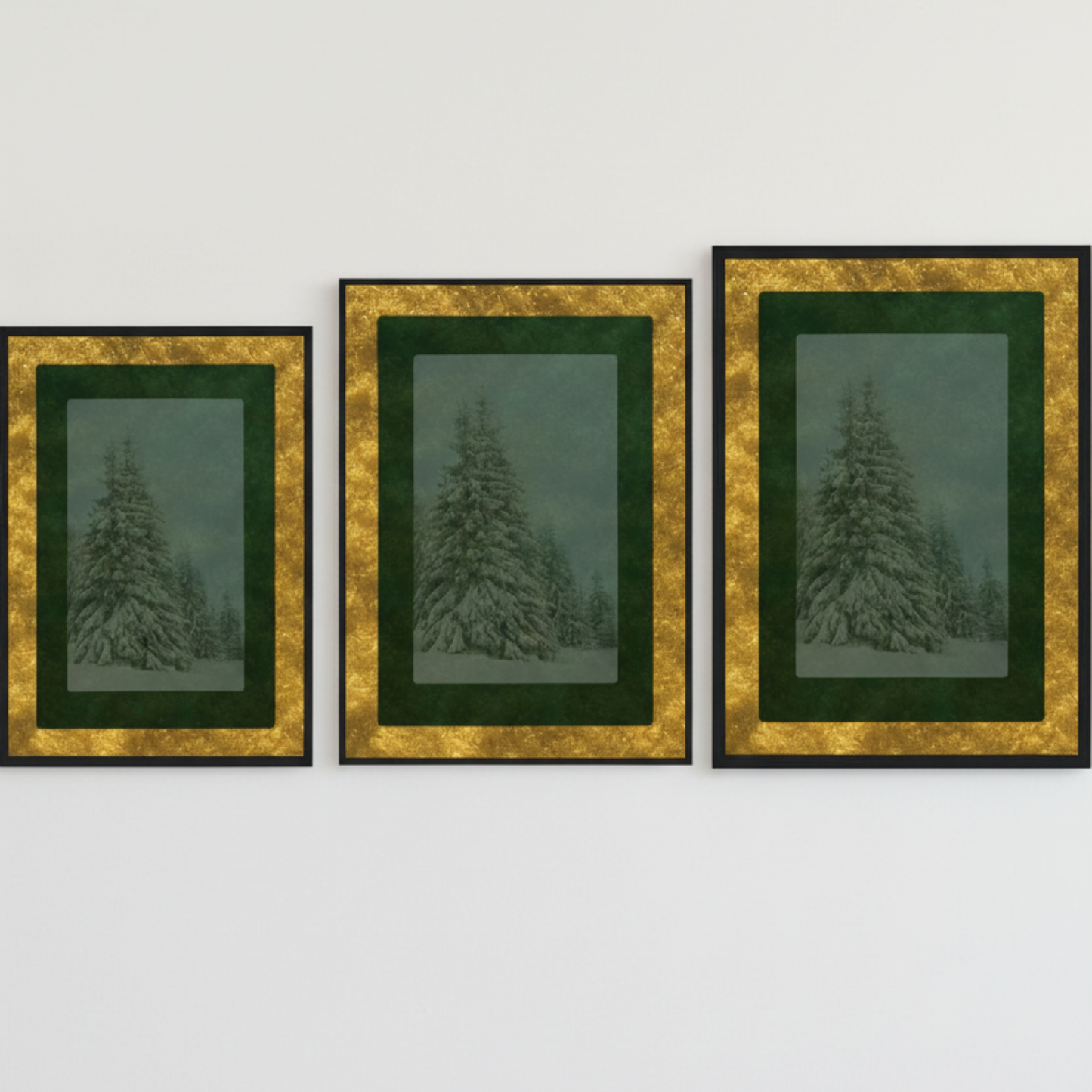 Velvet Solstice Wall Art shown in three sizes with gold and green frames, featuring a serene winter tree design — modern holiday wall décor and art print from Printed Echoes Creations