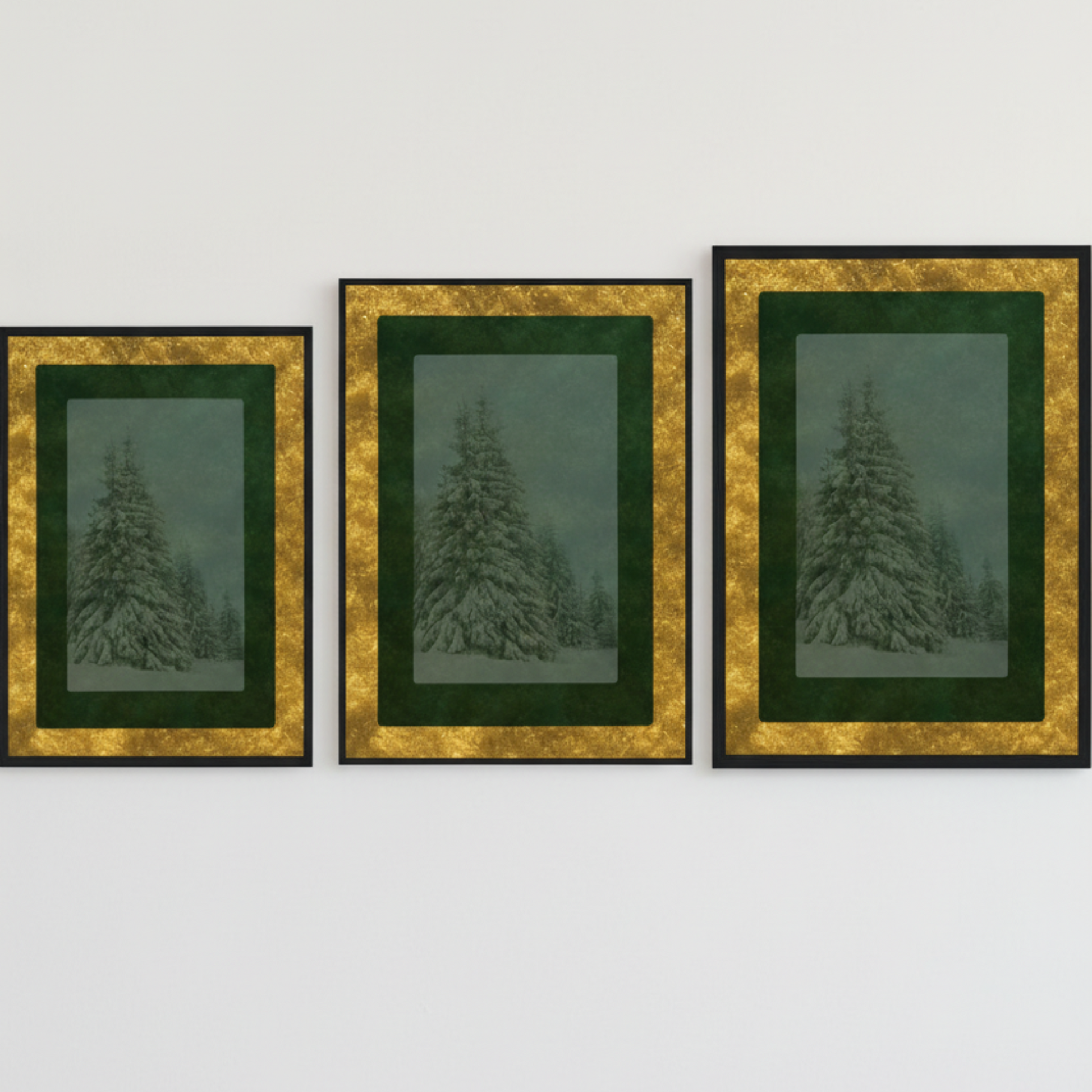 Velvet Solstice Wall Art shown in three sizes with gold and green frames, featuring a serene winter tree design — modern holiday wall décor and art print from Printed Echoes Creations