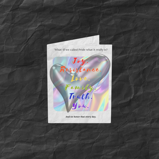 Artful Pride card featuring a rainbow heart and bold words like Joy, Love, and Truth on a crinkled paper backdrop.