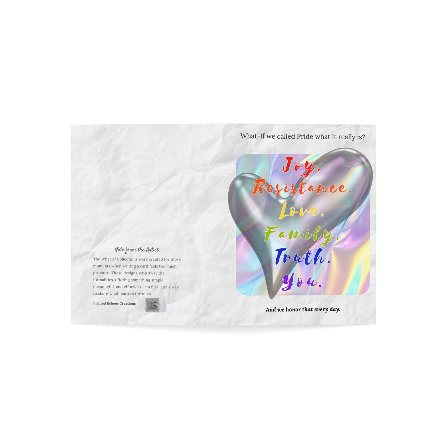 Full card spread showing the iridescent front design and artist note on the back, laid flat for full visibility.