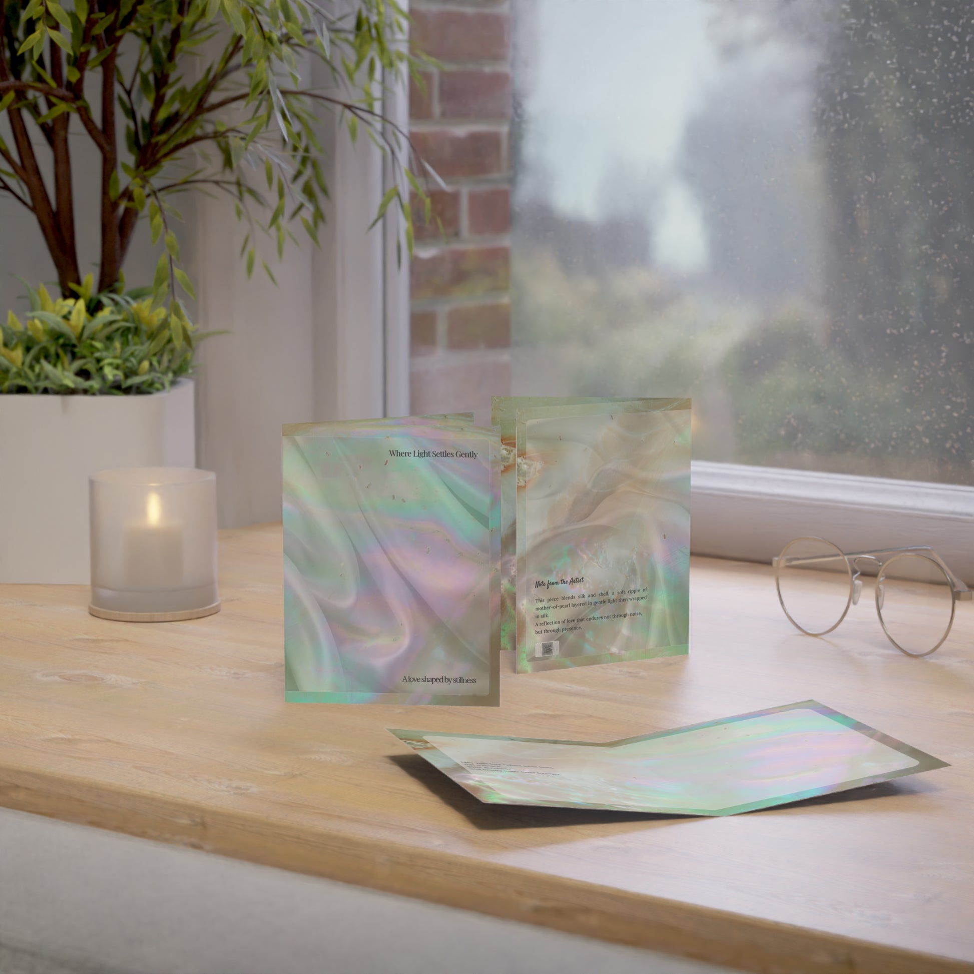 Lifestyle photo of “Where Light Settles Gently” wedding art card displayed near a window with soft light, candle, and glasses—evoking calm, presence, and lasting connection.
