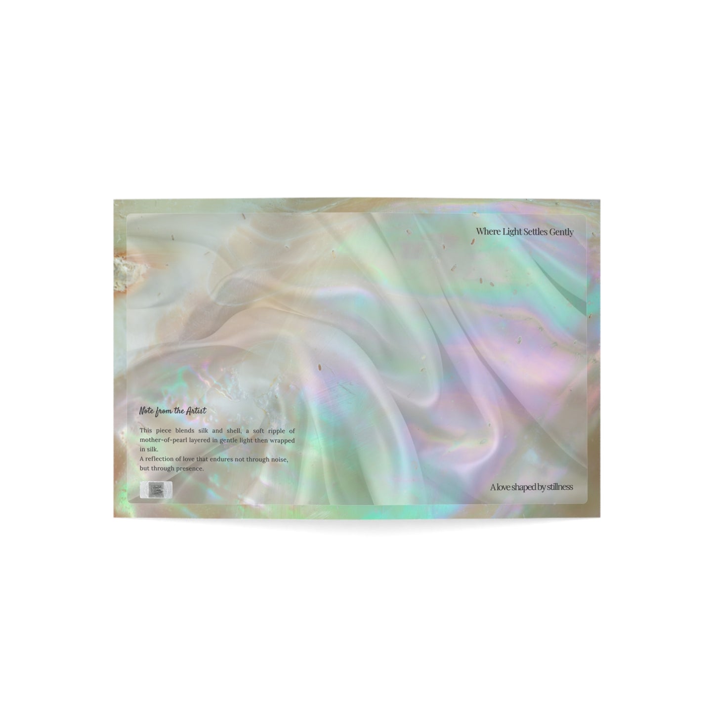 Open view of the “Where Light Settles Gently” art card, showing both front and back in a luminous mother-of-pearl-inspired design with layered silk texture and poetic message—perfect for weddings or heartfelt occasions.