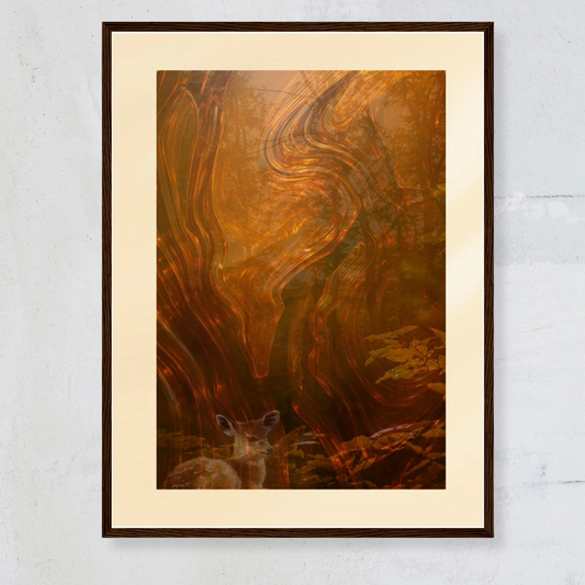 Framed Whispers of Fall surrealist forest wall art with layered bark texture through brown tempered glass